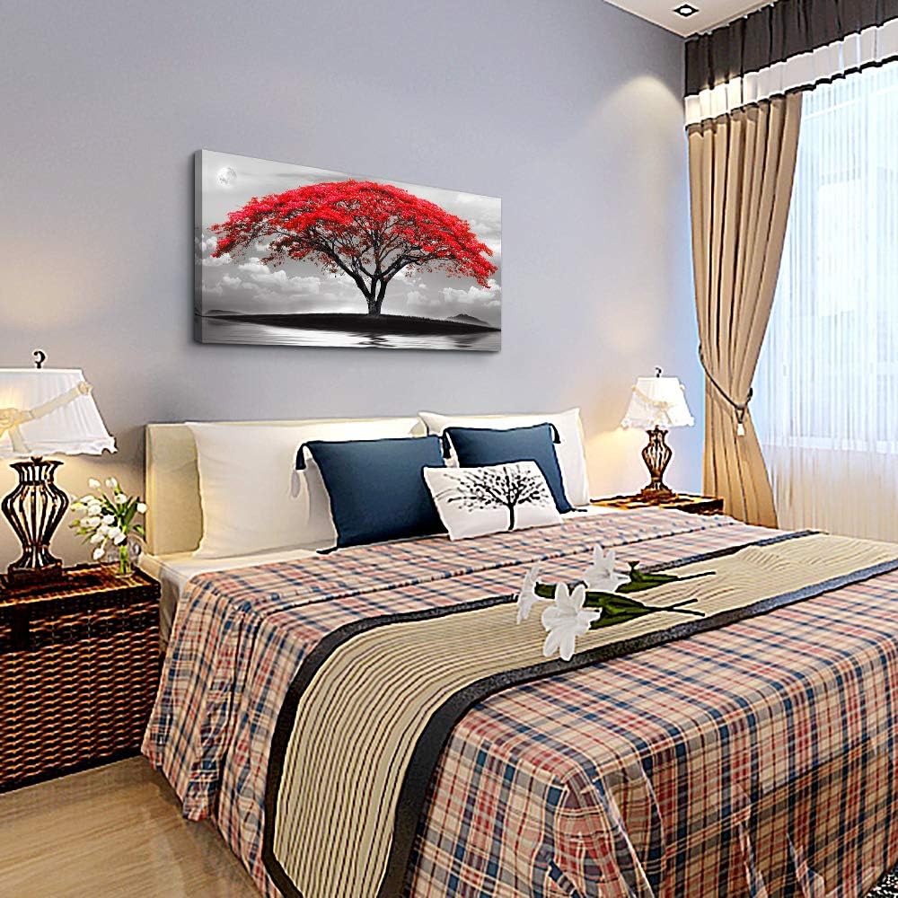 canvas wall art for living room bathroom Wall Decor Black and white landscape red tree moon scenery Hang painting Home Decorations for office bedroom kitchen Works canvas Prints pictures 20" x 40"inch