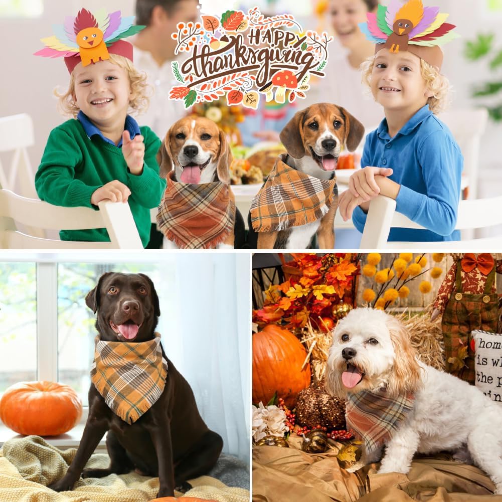 Vivifying Halloween Dog Bandana, 2 Pack Fall Thanksgiving Classic Plaid Dog Scarf with Tassels Edges, Funny Pet Apparel & Accessories Costume for Photo Prop, and Party Decor (Large, Yellow&Orange)