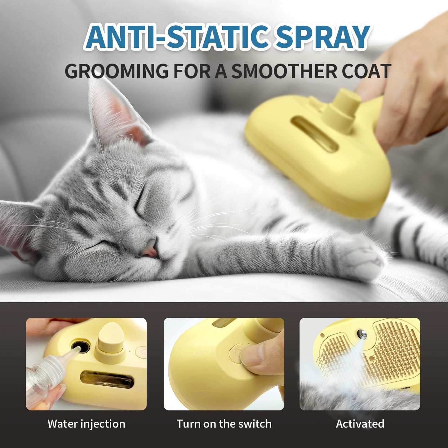 3 In 1 Self-Cleaning Steamy Brush for Pet Grooming - Anti-Static Flying Hair Spray, Removes Loose Hair and Reduces Shedding for Long and Short Fur, Yellow