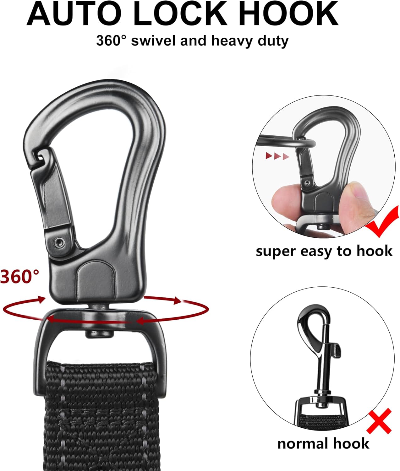TwoEar 6FT 1IN Strong Black Dog Leash with 2 Padded Handles, Traffic Handle Extra Control, Comfortable Soft Dual Handle, Auto Lock Hook, Reflective Walking Lead for Small Medium and Large Dogs