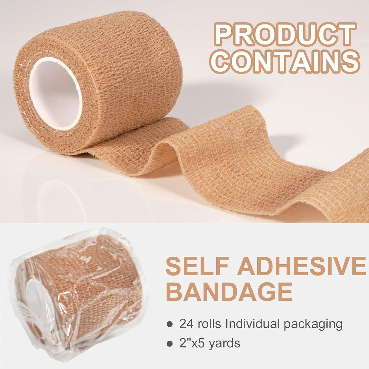 24 Pack Self Adhesive Bandage Wrap, 2” x 5 Yards Cohesive Medical Tape Elastic Grip Tape Sports Tape Athletic for Ankle, Wrist Sprains, Pet First Aid (Brown, 2 Inch)