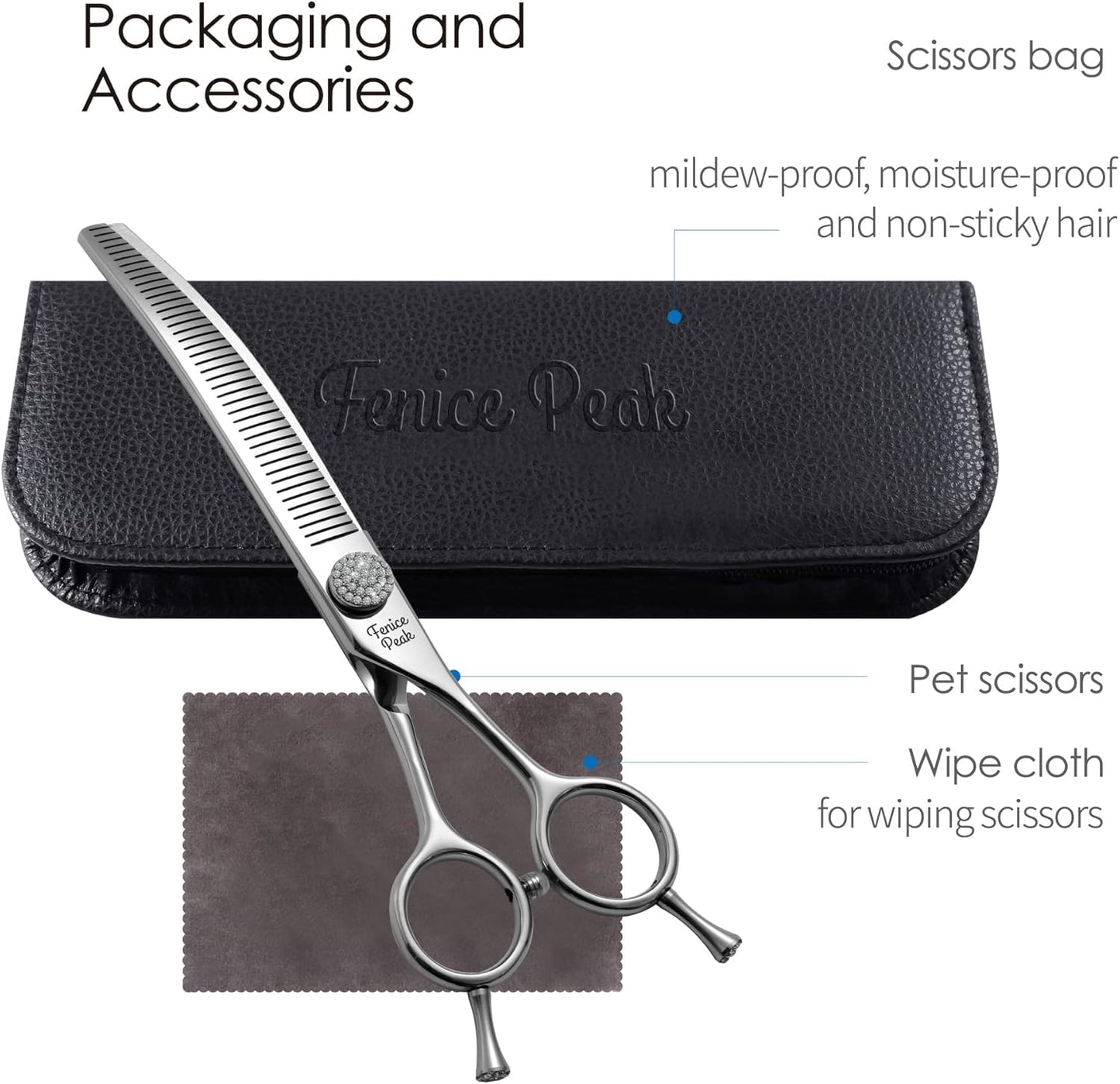 Fenice Peak 7.5‘’ Curved Thinning Dog Grooming Scissors with Jewelled Screw 440C Stainless Steel Pet Grooming Bulking Shears with Symmetrical Handle and Decorative Tail Nails Fluffy Scissors