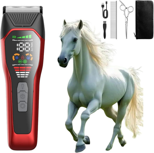 Horse Clippers,Quiet 2-Speed Horse Grooming Clippers,Rechargeable Pet Shaver with Scissors for Matted Long Hair,Cordless Wide-Blade Powerful Horse Trimmer Kit for Thick Coat #066 Red