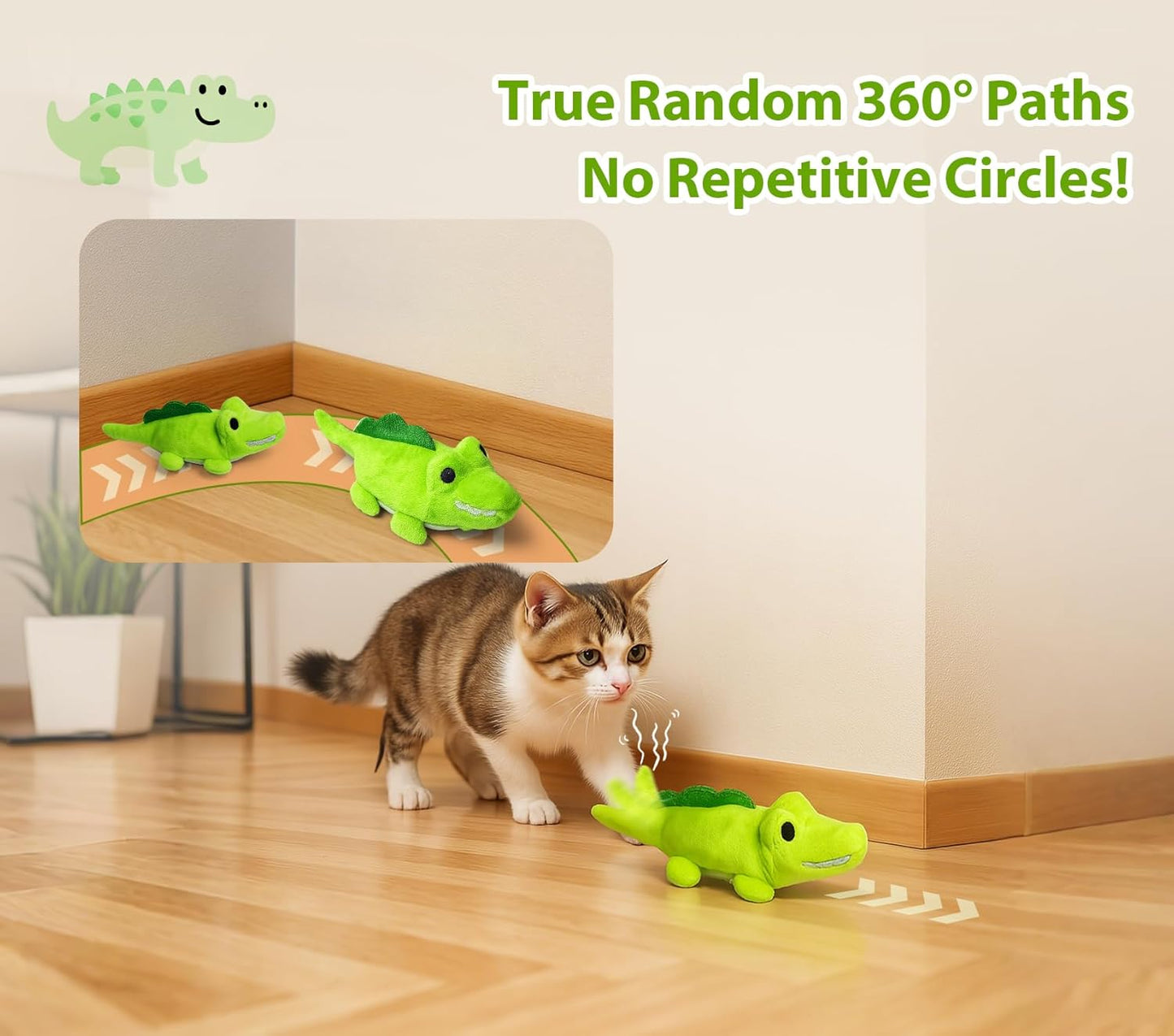 Interactive Cat Toys for Indoor Cats - Automatic Moving Cat Chase Toy for Bored Indoor Adult Cats - 360° Random Movement, Tail Wagging & Catnip Stimulation - Electric Croc(Short Plush)