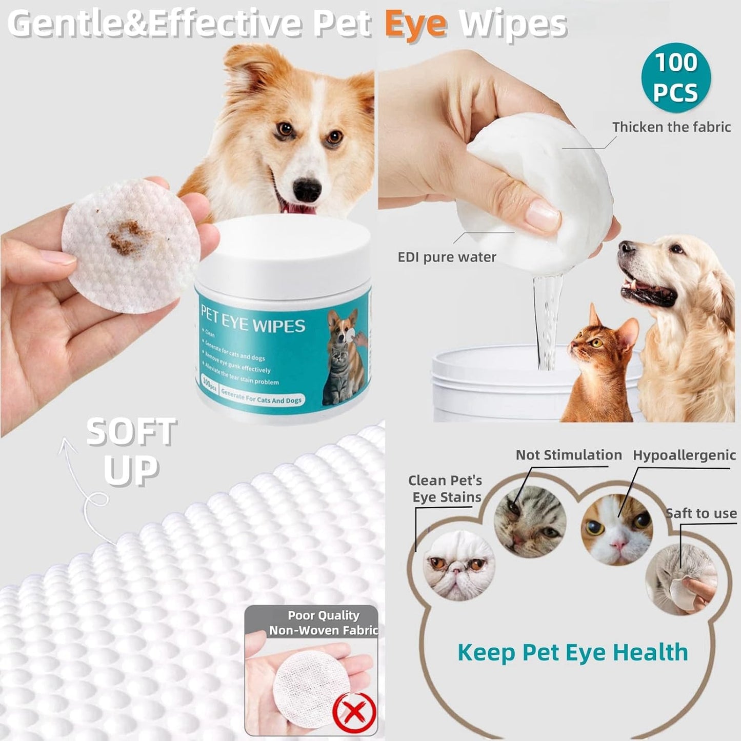 Pet Cleaning Wipes Kit For Dogs&Cats,includes Ear Finger Wipes,Teeth Finger Wipes and Eyes Wipes,Gently Clean Dogs&Cats Ear Wax,Remove Plaque&Tartar Buildup and Reduce Tear Stains,Non-Irritatingogs