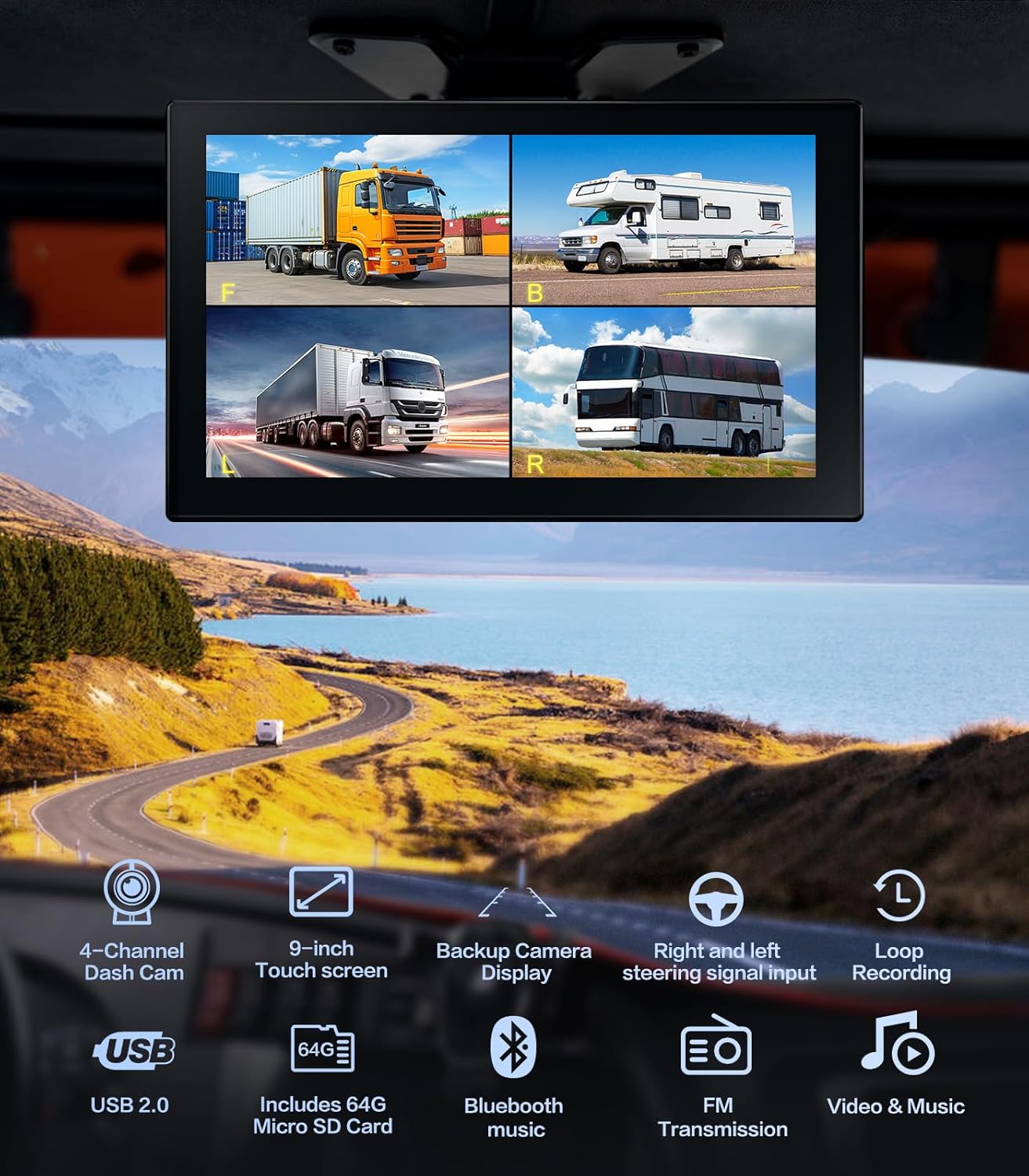 4 Channel 1080p Backup Camera Dash Cam for RV/Truck/Trailer/Van/SUV/Cars,10.2 Inch Touch Screen Quad Split Parking Monitor with DVR Recording/Playback/Bluetooth/FM Radio/Music/Video Player