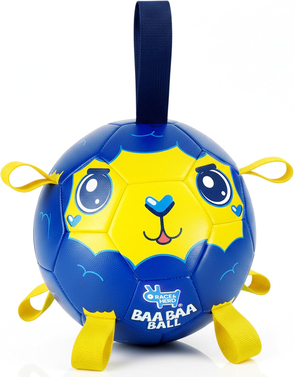 Race&Herd 9" Jolly Soccer Ball for Dogs - Tough Durable Dog Ball Toy with Straps, Pet Bouncy Herding Balls for Dogs, Floating Dog Balls with Tags for Water Fetch (BaaBaaBall, Daddy Sheep)