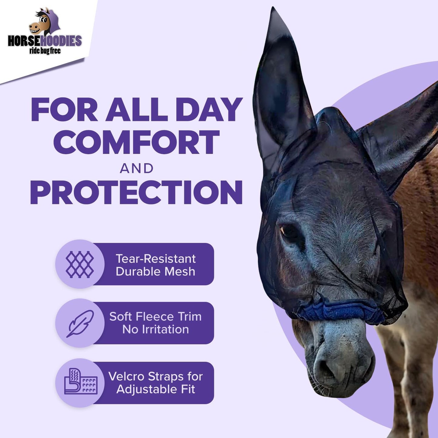 Donkey Fly Mask with Long Ears (Aqua) Made in USA - Mule Fly Mask with Ears Protection from Insects and Bugs, Small Donkey Soft Mesh Fabric with Adjustable Fastener, Face Cover Supplies for Donkeys