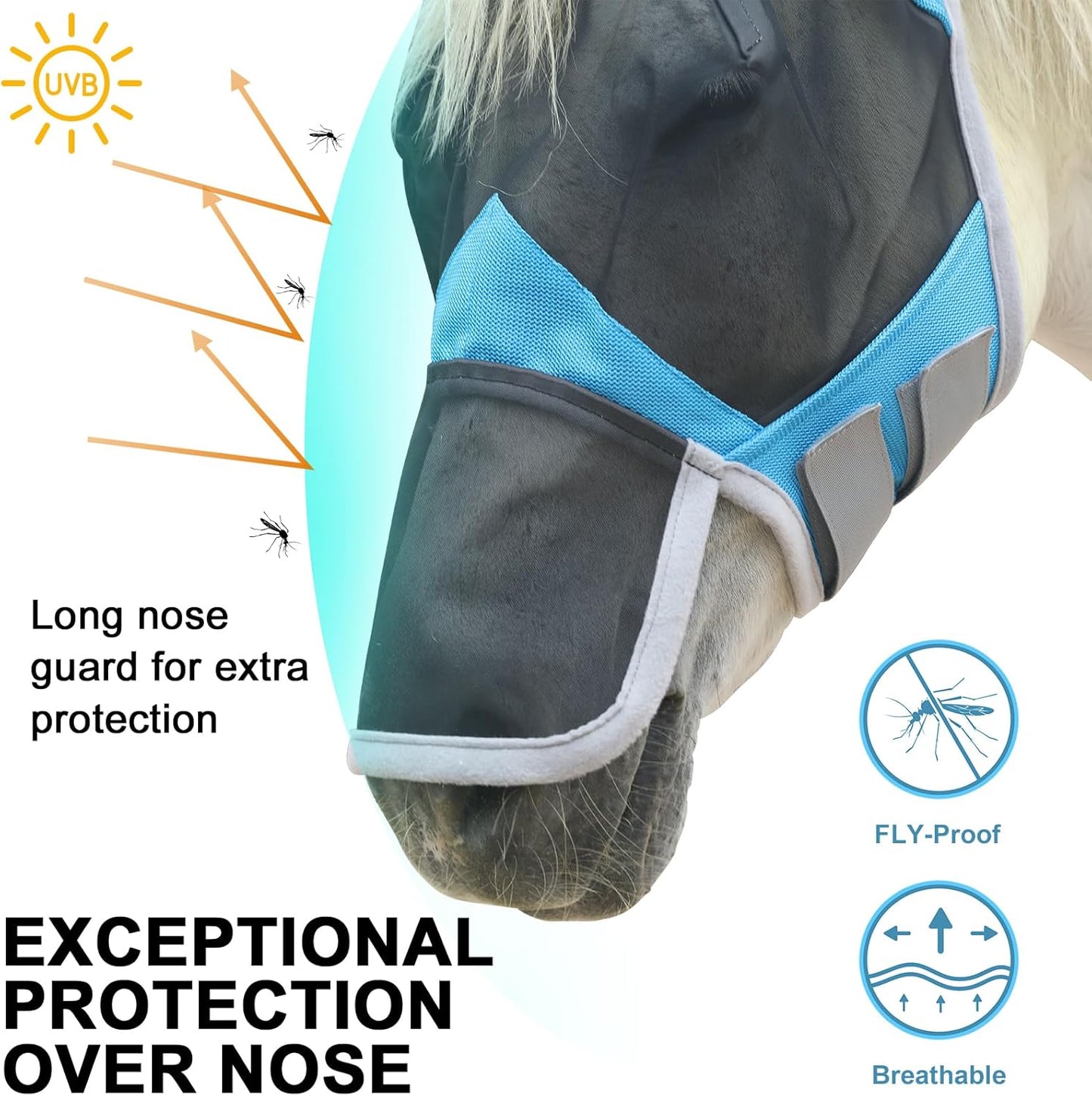 Horse Fly Mask with Ears & Long Nose Cover | Forelock Opening for Tangle-Free Mane Care | UV Protection & Breathable Mesh | No Rub Fit and Enhanced Visbility for Trail Riding Paleblue Full