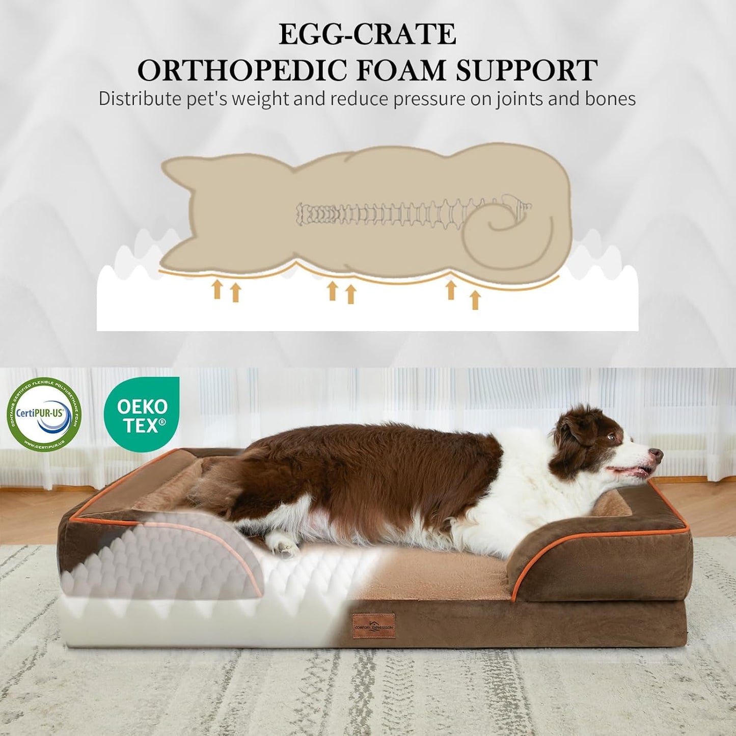 Comfort Expression XXL Orthopedic Dog Bed for Extra Large Dogs, Washable Dogs Sofa Bed, Waterproof Orthopedic Foam Dog Beds with Removable Cover & Non-Slip Bottom(XX-Large,Brown)