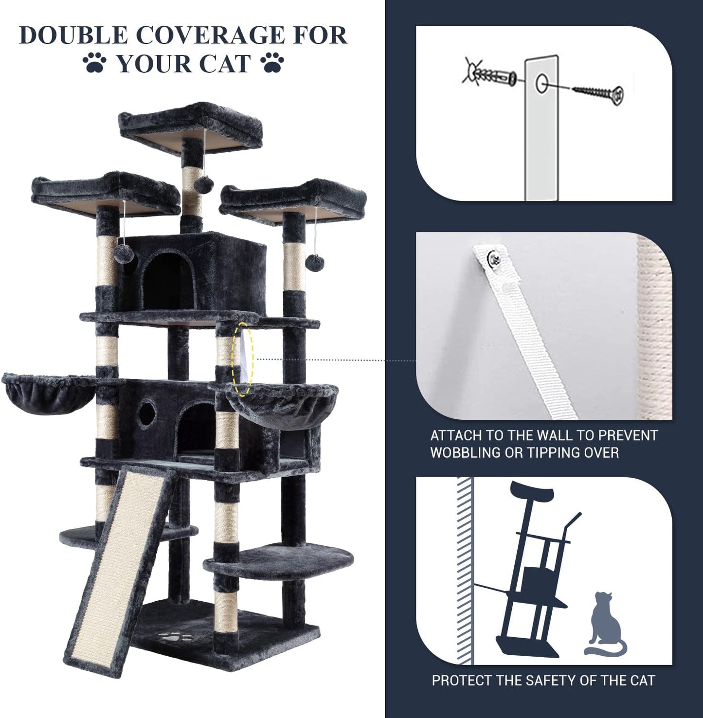Allewie 68 Inches Cat Tree/House and Towers for Big Feline/Scratching Post/Multi-Level Large Kitty Climbing Tree with Condo/Smokey Grey