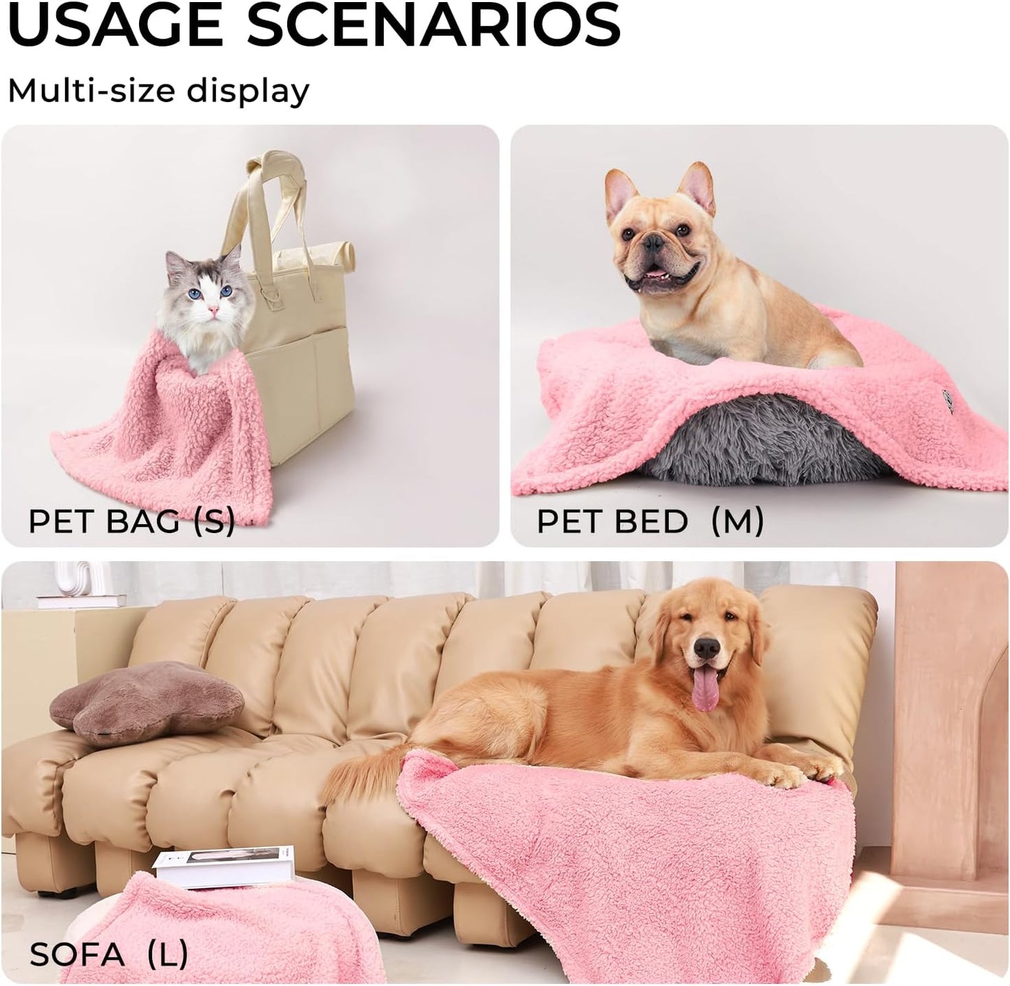 Luciphia 1 Pack 3 Calming Dog Blanket Fluffy Premium Fleece Pet Blankets Soft Sherpa Throw for Dogs Puppy Cat Beige/Pink/HazeBlue Large (41" x31")