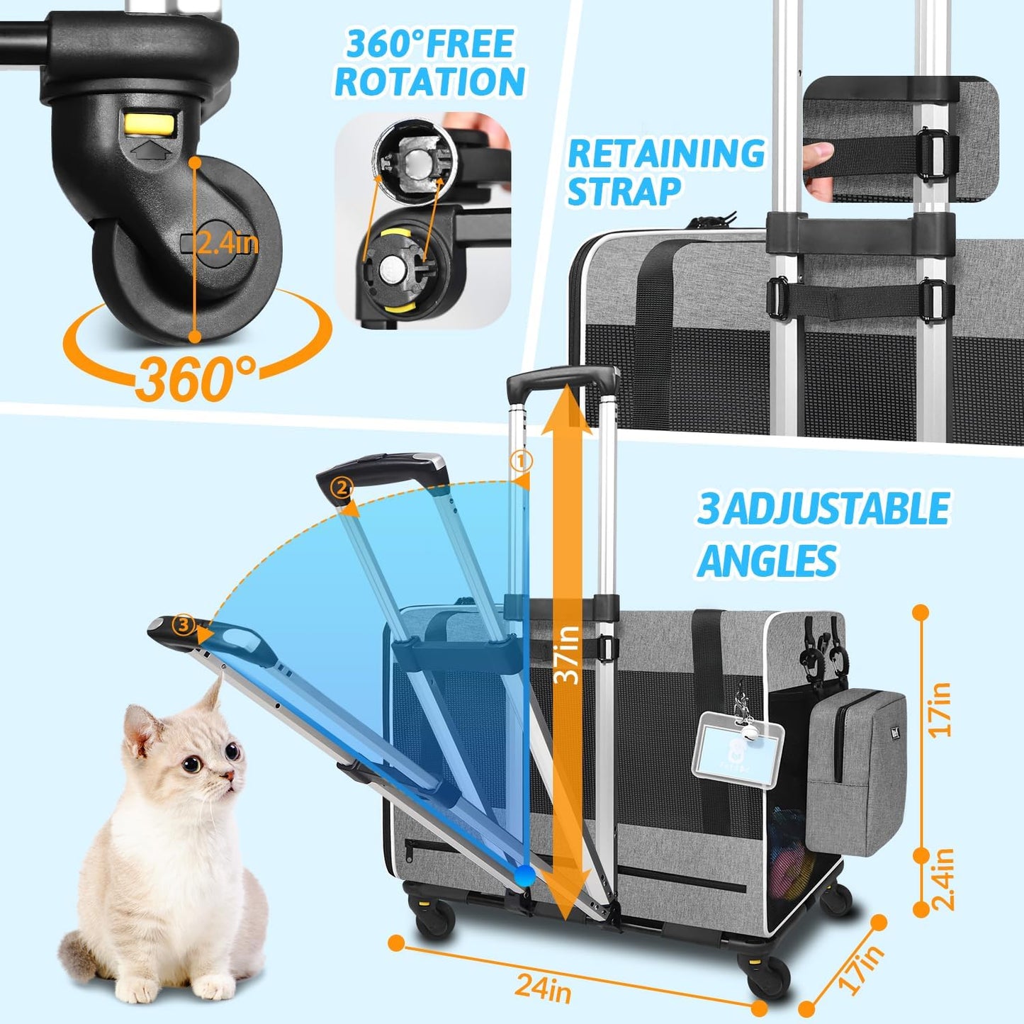 Petskd Extra Large Cat Carrier with Wheels and Litter Box 24"x17"x17" for Large Cat or 2 Small Cats, Collapsible Soft Sided Pet Carrier for Car Travel with Lockable Safety Zippers(Grey)