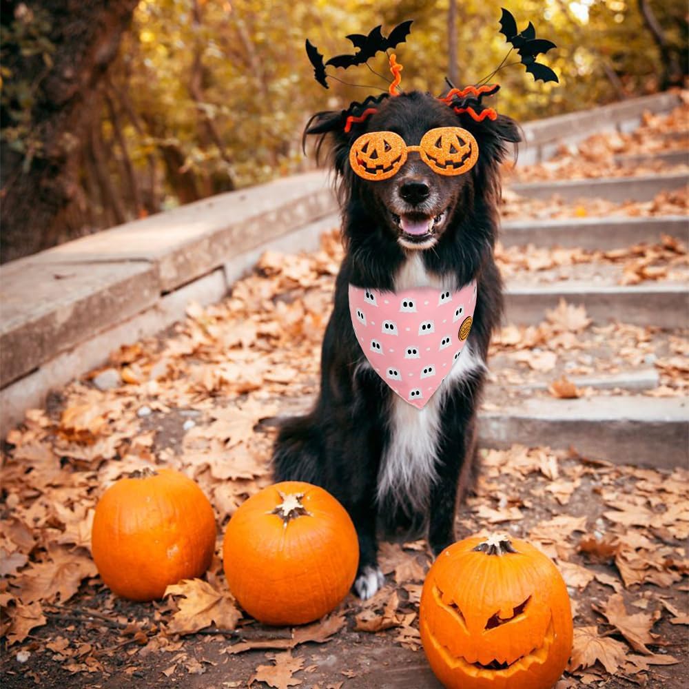CROWNED BEAUTY Halloween Dog Bandanas Reversible Large 2 Pack, Ghost Bat Set, Buffalo Plaid Polka Dots Adjustable Triangle Scarves for Medium Large Extra Large Dogs Girl Boy Pets (Pink) DB76-L