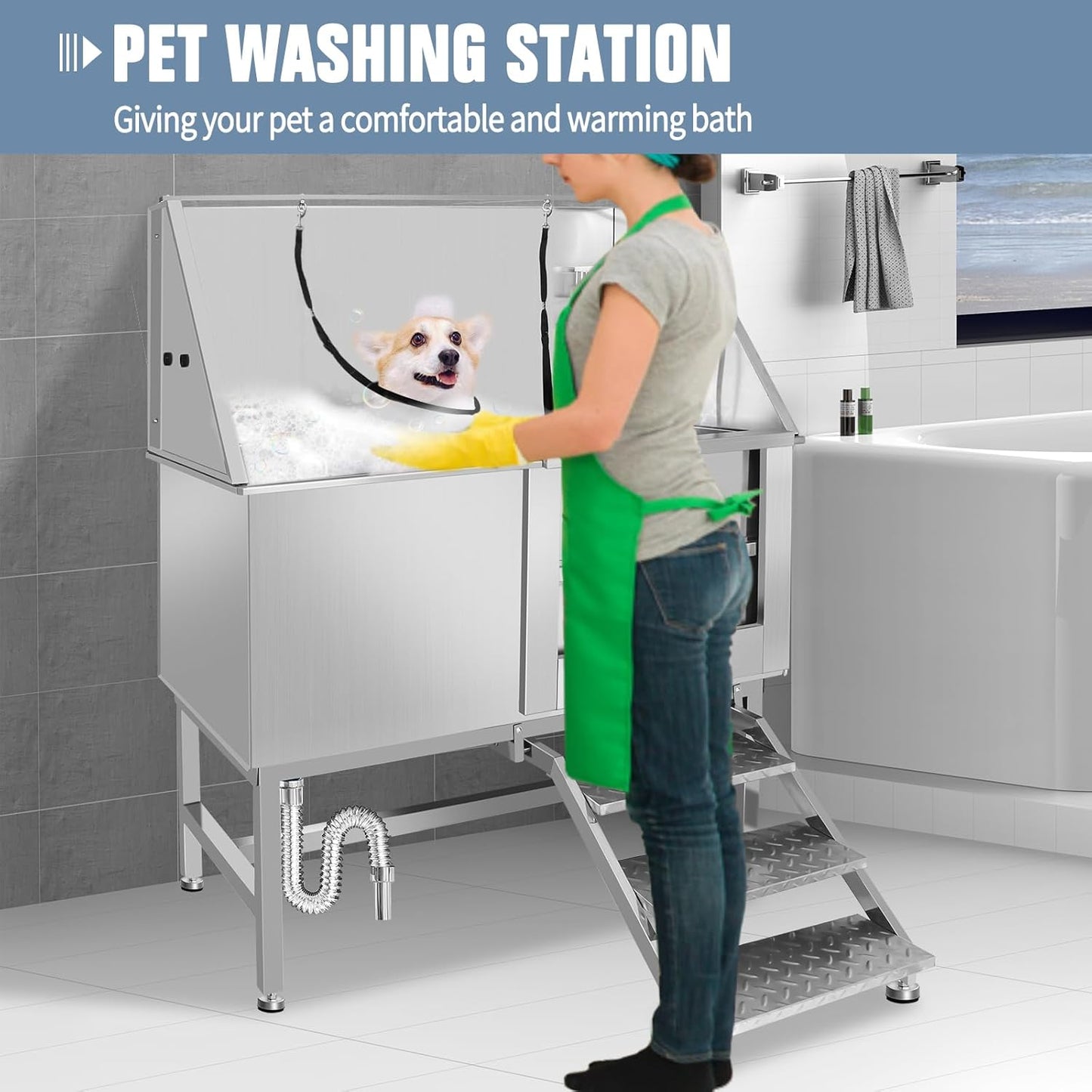 50 Inch Electric Dog Bathing Station For Large Dogs, Height Adjustable Stainless Steel Dog Pet Washing Station, Professional Dog Grooming Tub With Electric Lift, Pet Wash Bath Station (50" Right door)