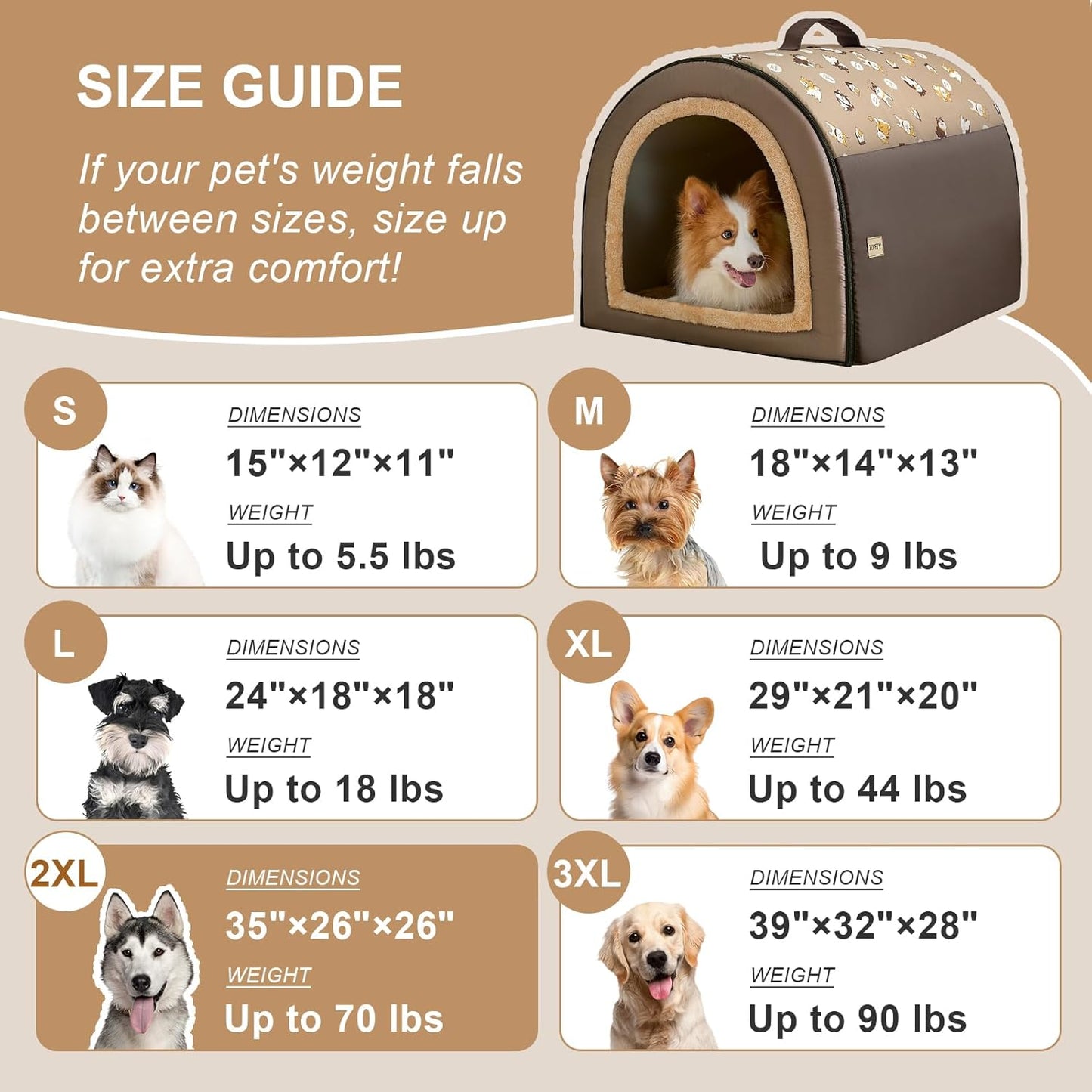 Jiupety 2 in 1 Dog House Indoor, Comfy Cave Bed Covered Dog Bed, Portable House for Medium and Large Dogs, 2XL(35"×27"×26"), Up to 70 Lb, Brown