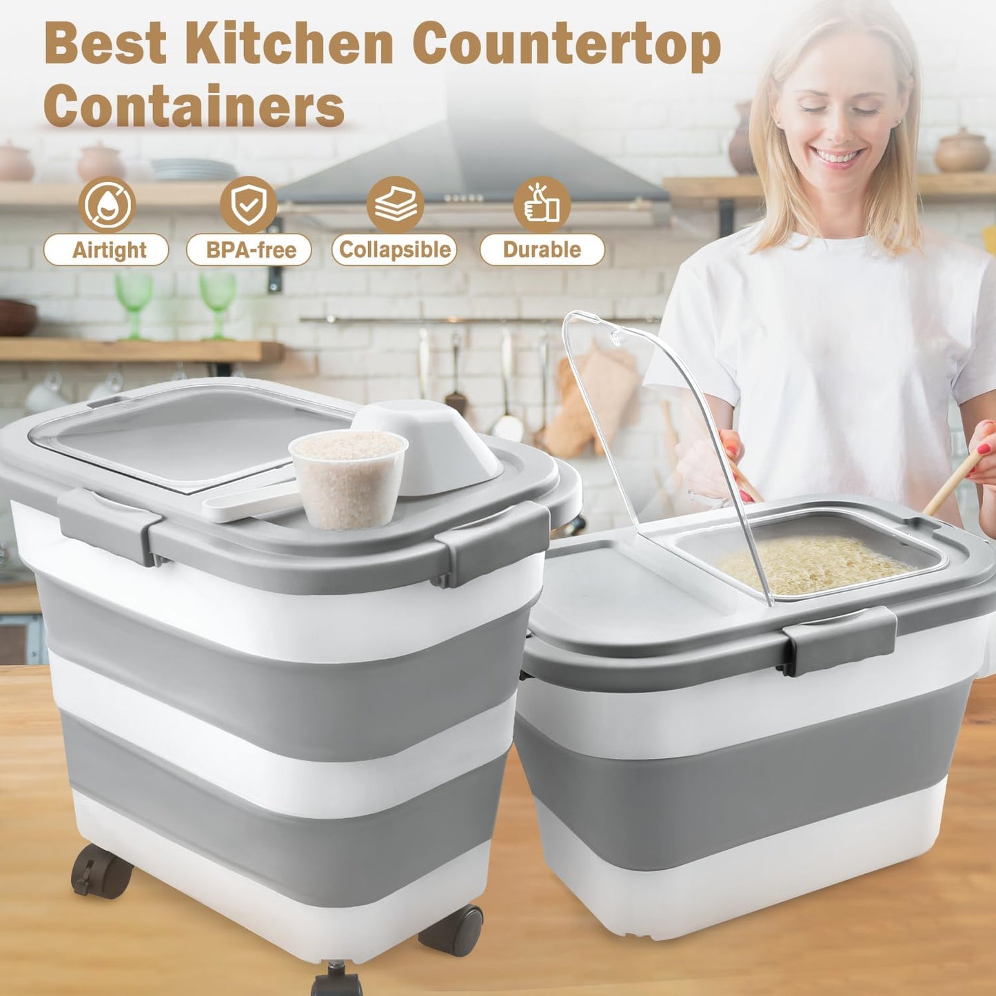 Rice Storage Container, Collapsible Airtight Food Storage Containers 10-40 Lbs, Rice Dispenser Bin with Cup and Scoop for Flour Cereal Pasta Grain, Cat Bird Pet Dog Food Storage Container