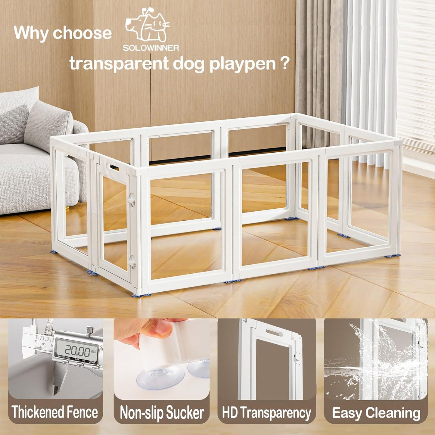 Dog Playpen Transparent Puppy Playpen Indoor, Easy Assemble & Disassemble Clear Pet Playpen, Sturdy & Easy Cleaning Plastic Dog Fence with Suction Cup (23.6"" H, 10PCS), White