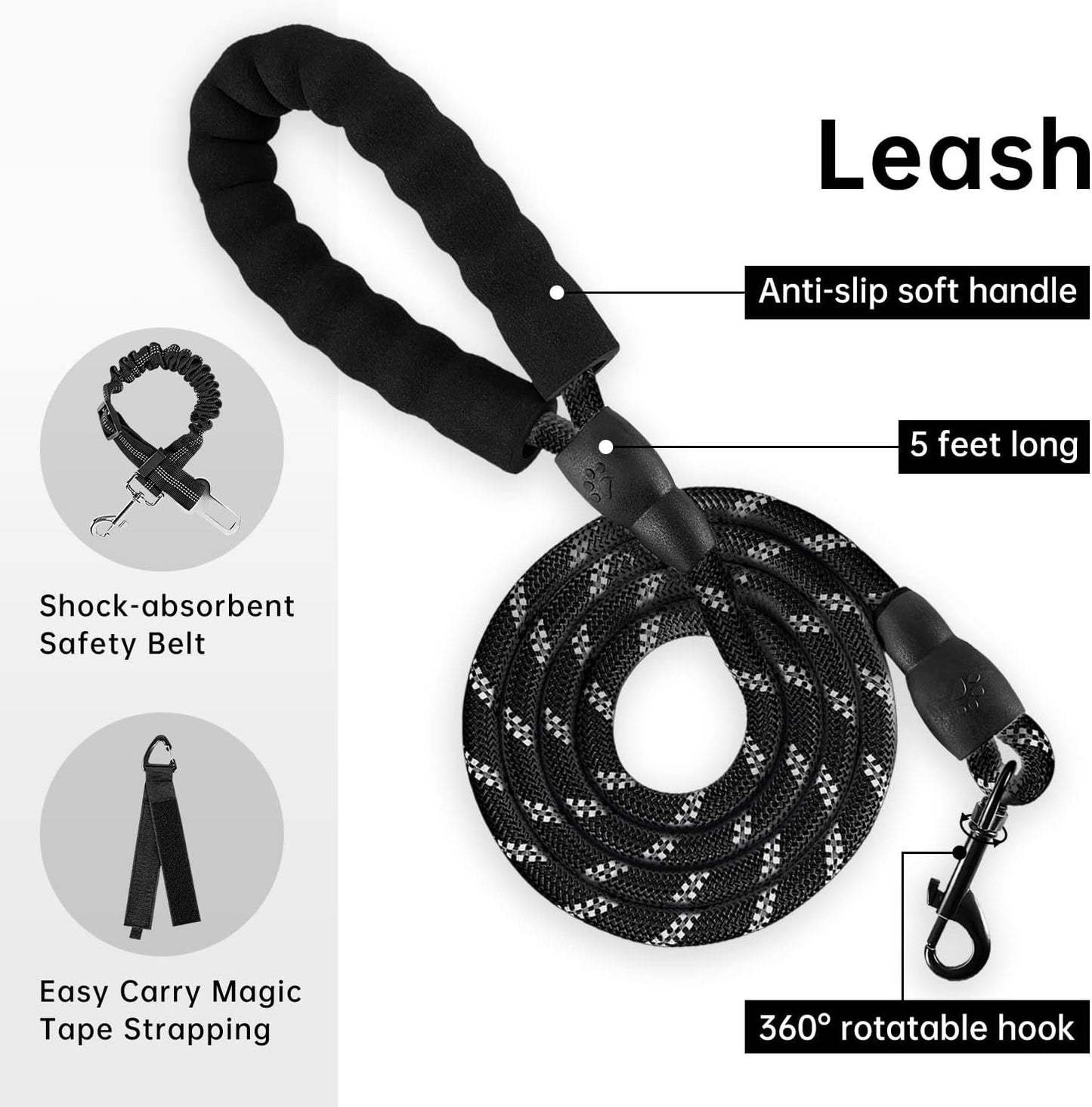 IVY&LANE No Pull Dog Harness for Large Dogs, Dog Vest Harness with Leash, Safety Belt and Storage Strap, Fully Adjustable Harness, 360° Reflective Strip, Soft Handle (Black, XL)