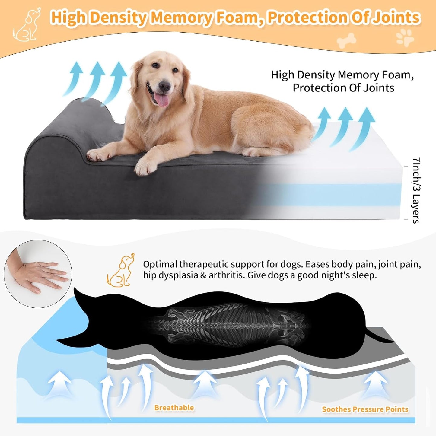 Large Orthopedic Dog Bed, 7" Memory Foam with Waterproof Liner, Chew Resistant Microsuede Cover, Removable and Washable, for Indoor, Outdoor, and Car Use, Nonskid Base, 48"x30" L Grey