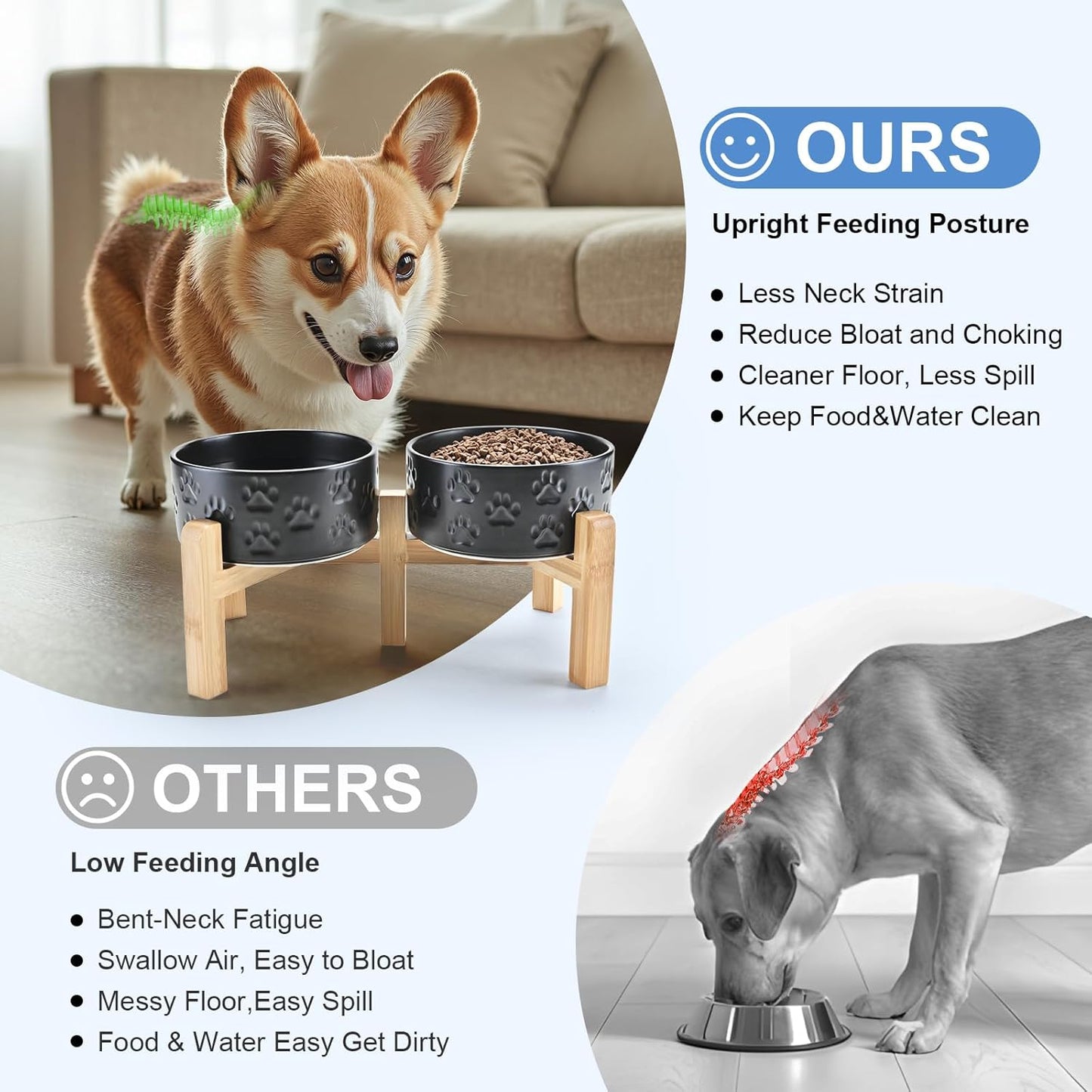 SPUNKYJUNKY Elevated Dog Bowls Ceramic, 6.1'' Dogs and Cat Food Water Bowls Raised with Non-Slip Bamboo Stand for Medium Sized Breed Microwave Dishwasher Safe - 28.7 OZ,Paw Black