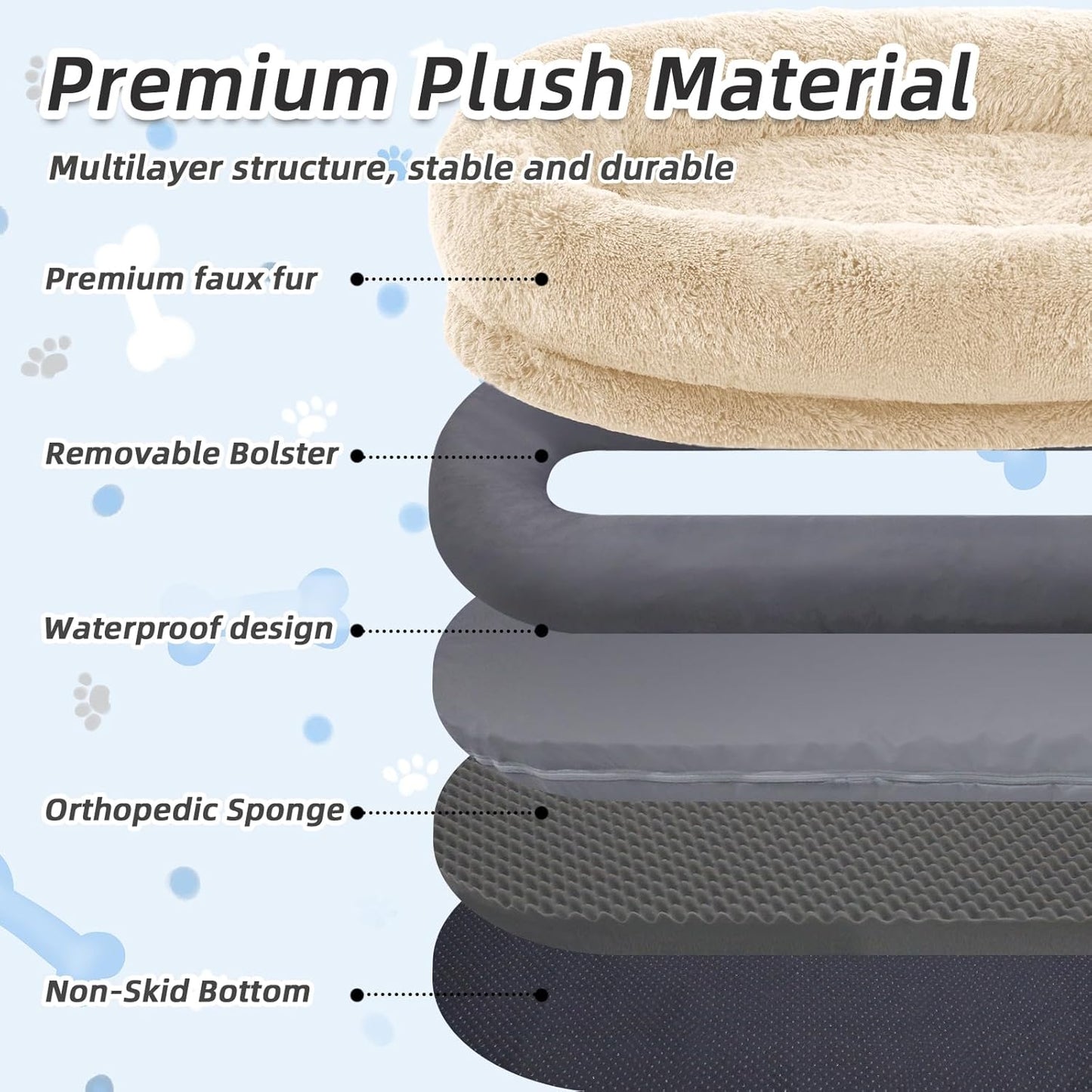 Human Dog Bed for Adults & Pets, 63"x32"x10" XL Faux Fur Nap Bed with Pillow, Blanket & Strap, Orthopedic Washable Lounger for Sleeping, Relaxing, Cuddling – Beige