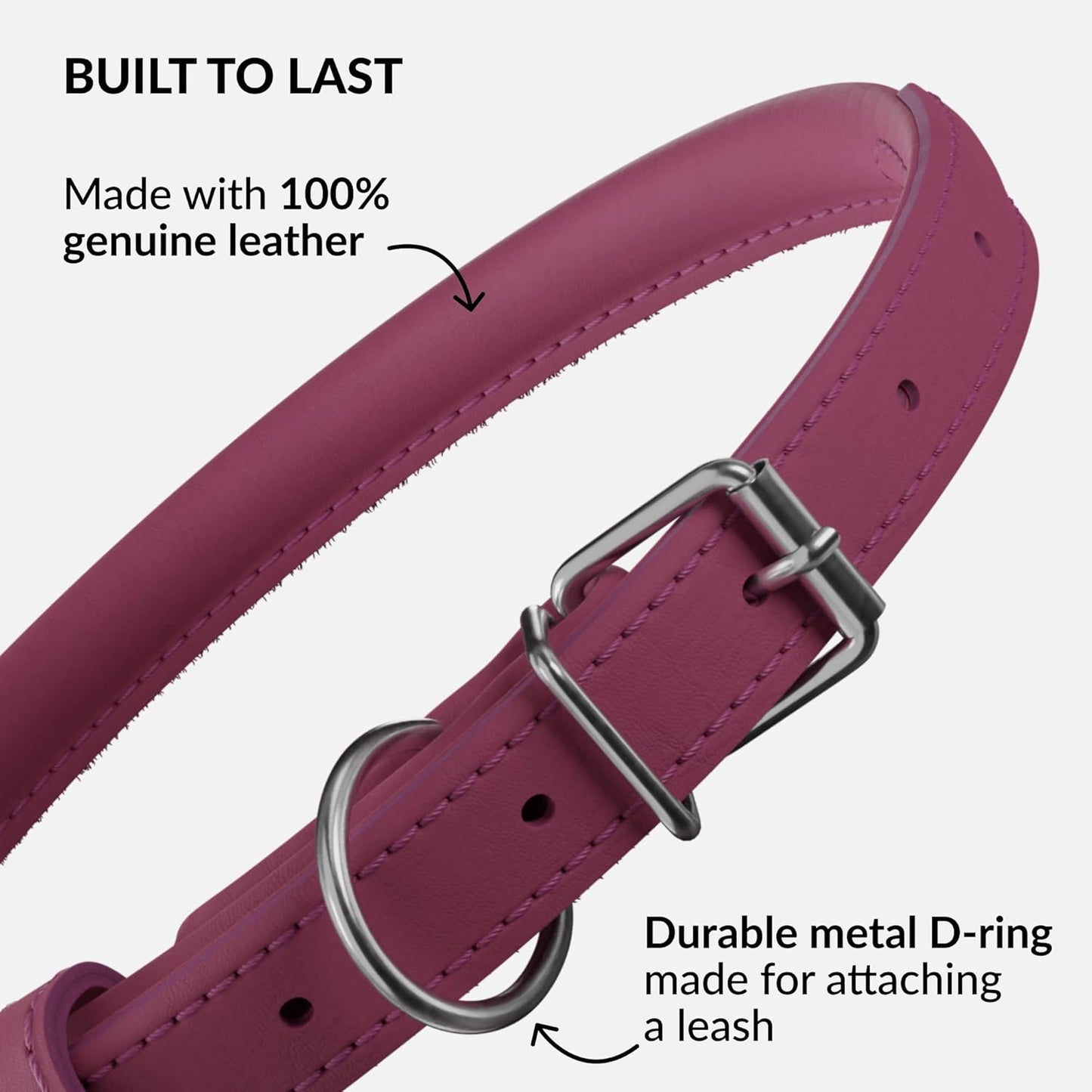 CollarDirect Rolled Leather Dog Collar, Soft Padded Round Puppy Collar, Handmade Genuine Leather Collar Dog Small Large Cat Collars 13 Colors (11-14 Inch, Pink Smooth)