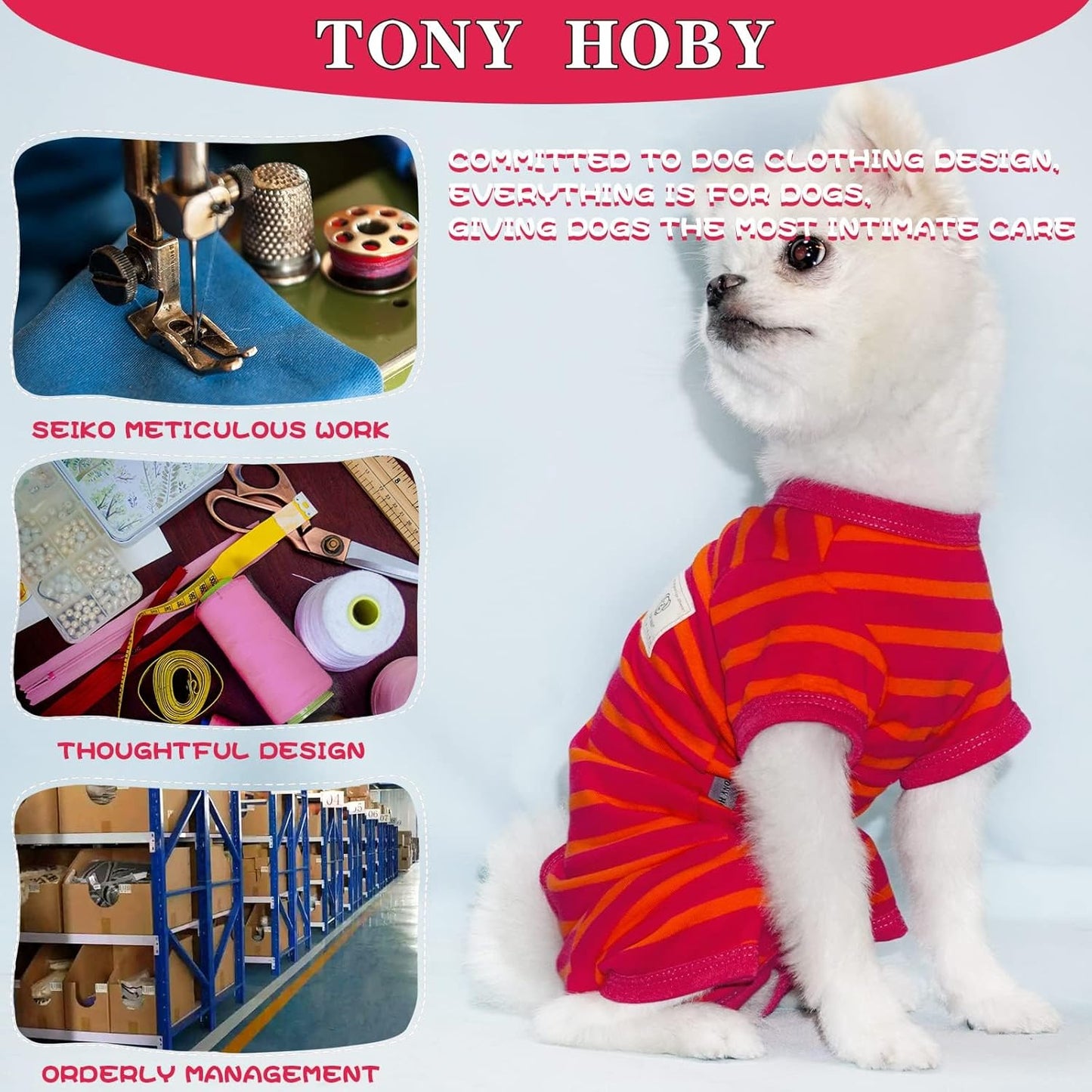 TONY HOBY Dog Pajamas, Female/Male Dog 4 Legged Pajamas, Soft Cotton Dogs Jumpsuit with Stripes (Rose Red&Orange, Girl, S)