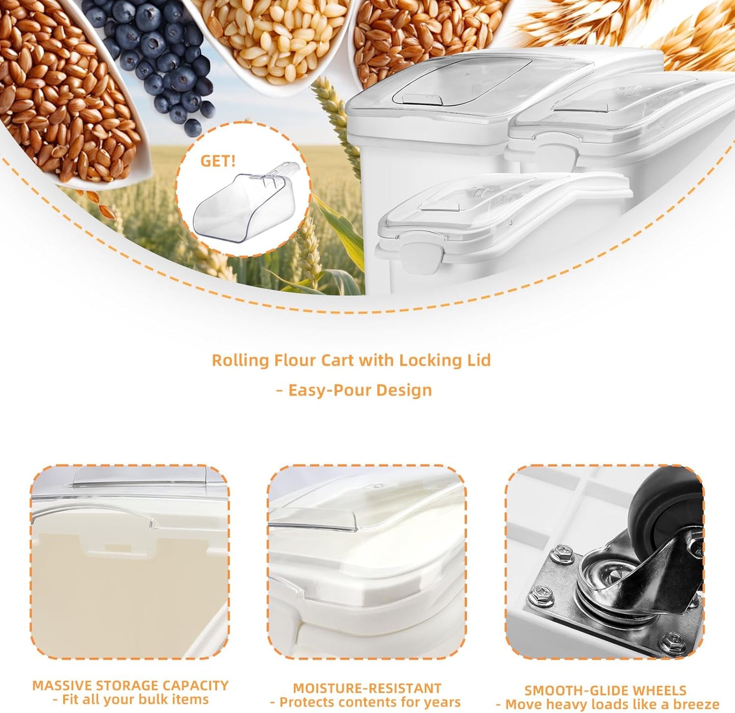 Ingredient Storage Bin,21 Gallon Dispenser Bin with Scoop for Dry Food, Sugar, Baking Supplies,Kitchen Rice Cereal Flour Bin,BPA Free,Pet Food Storage Container,Dog Cat Birds Food (21 Gallon)