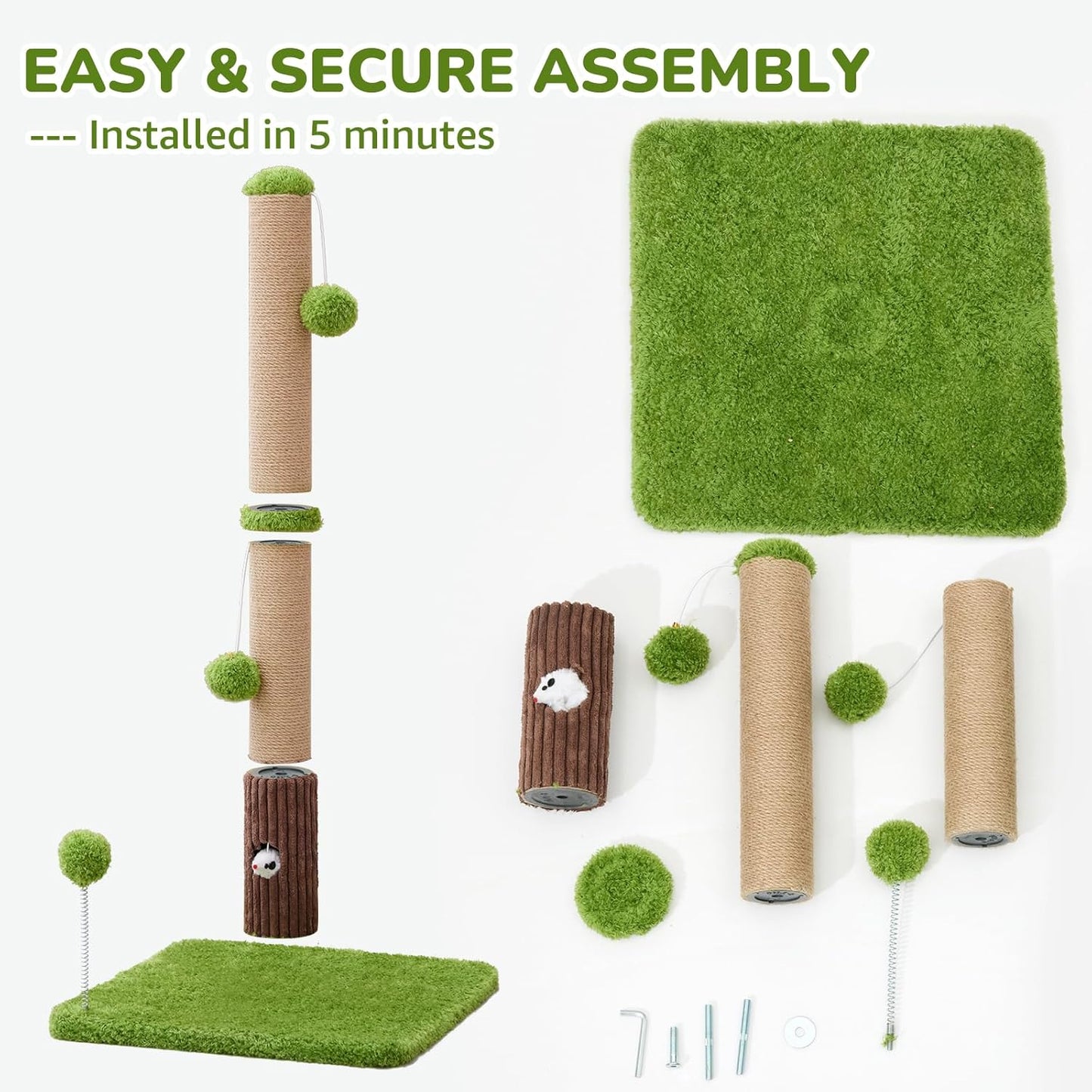 33" Tall Cat Scratching Post for Indoor Cats, Premium Sisal Scratch Posts with Cat Toys and Fun Mouse Holer for Cats at All Ages, Scratcher Tree with Reinforced Stable Base (Green)