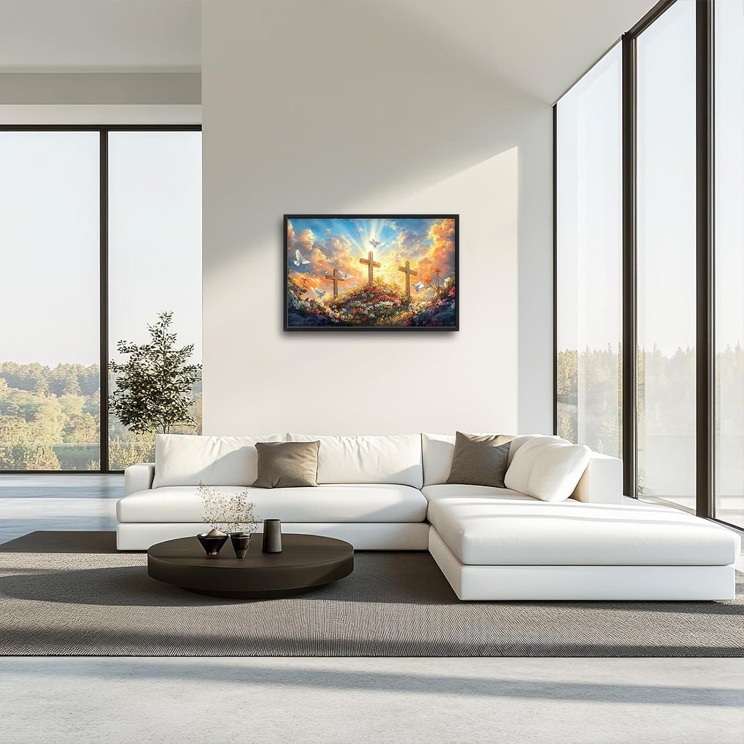Framed Large Christian Jesus Wall Art, Oversized Floral Dove Wall Decor for Living Room, Landscape Canvas Painting Peaceful Pictures Modern Artwork for Living Room Bedroom Office 36"x24"