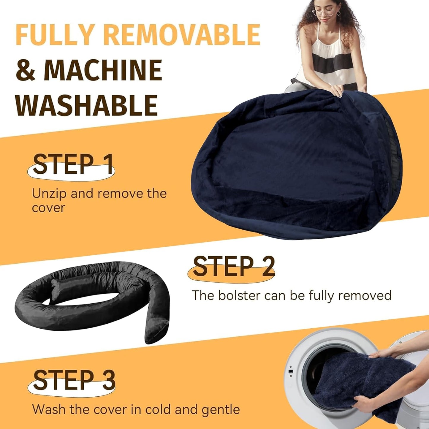 Orthopedic Waterproof Large Dog Bed: Memory Foam Washable Dog Bed with Bolsters - XL Removable Washable Cover for Medium Large Sized Pet - Non-Slip Bottom - Navy
