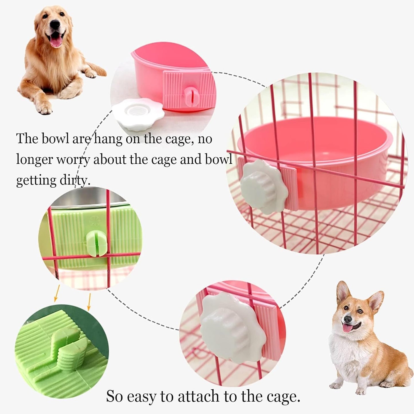 kathson Crate Dog Bowl, Removable Stainless Steel Hanging Pet Cage Bowl Food & Water Feeder Coop Cup for Cat, Puppy, Birds, Rats, Guinea Pigs 6pcs Large(2×Blue,2×Green,2×Pink)