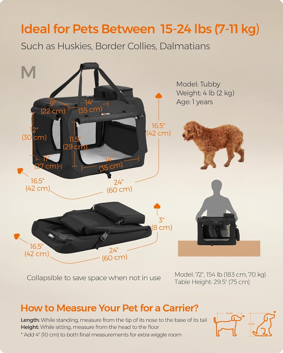 Feandrea 24 Inches Collapsible Soft Dog Crate, Portable Travel Dog Crate for Indoor and Outdoor Use, Dog Carrier Kennel with Safety Zippers, for Living Room, Car, Travelling, Camping, Black UPDC60H