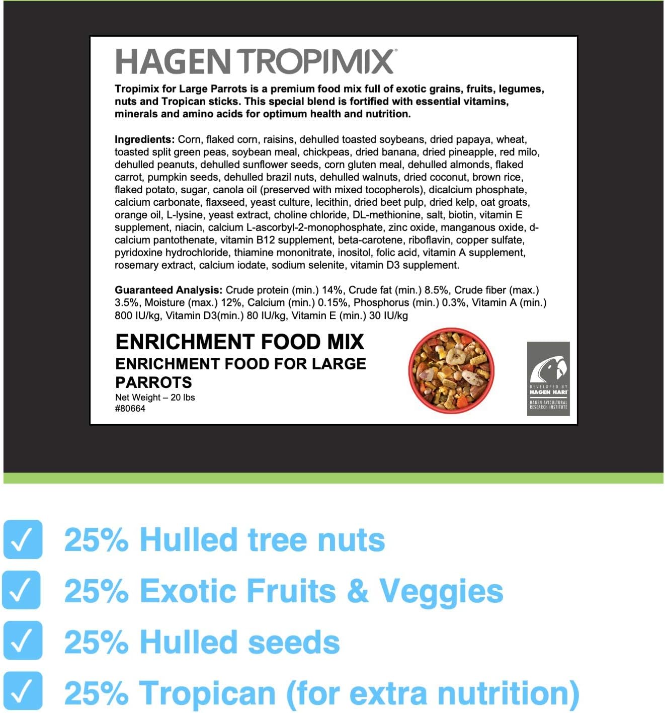 Tropimix Bird Food, Large Parrot Food with Seeds, Fruit, Nuts, Vegetables, Grains, and Legumes, Enrichment Food, 20 lb Bag