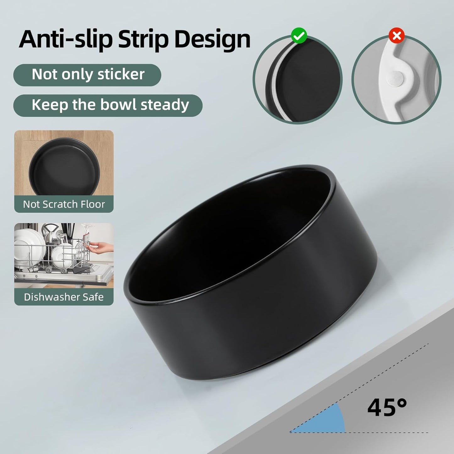 Ceramic Raised Dog Bowl Set, Elevated Dog Bowl with Stand, Food and Water Bowl for Medium Breed Dogs, Weighted Dog Dishes, Pet Bowl(7.3'',41OZ, Black)