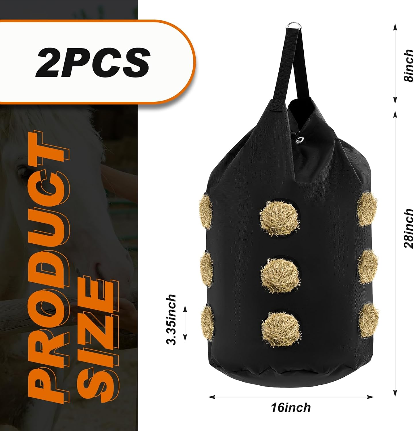 2 Pcs hay Bags for Horses Goats Slow Feed 1680D Oxford Bag Black Large Capacity Net Open Feed Hole Hay Holder for Horse Goats Sheep(15 Holes)