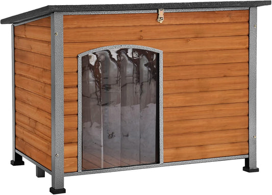 Aivituvin Dog House Outdoor & Indoor Wooden Dog Kennel for Winter with Raised Feet Weatherproof for Small & Medium & Large Dogs,Unique All-Around Iron Frame…