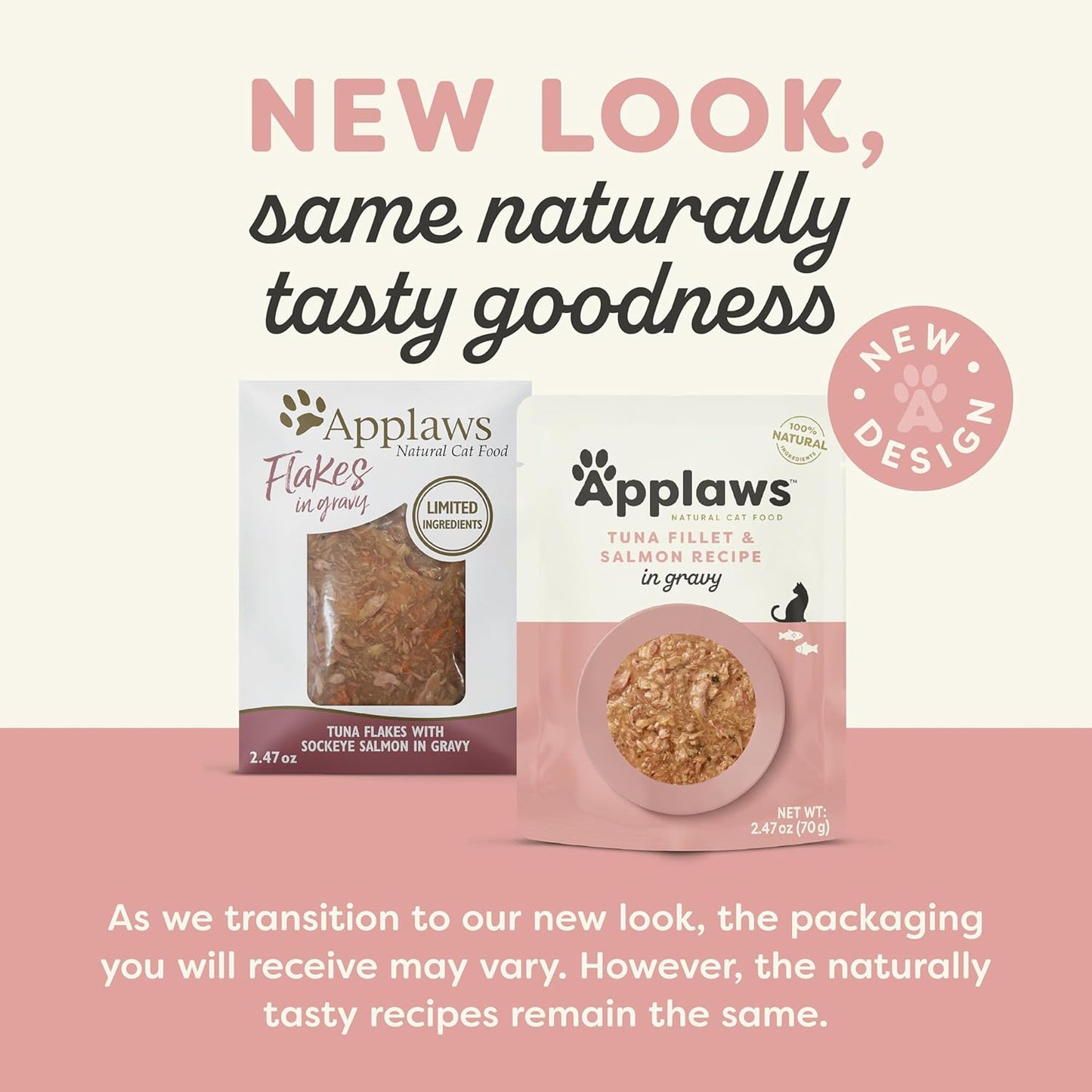 Applaws Natural Wet Cat Food in Gravy, Limited Ingredient Wet Cat Food Pouches, No Additives, Made with Natural Ingredients, Tuna with Salmon in Gravy (12 x 2.47oz Pouches)