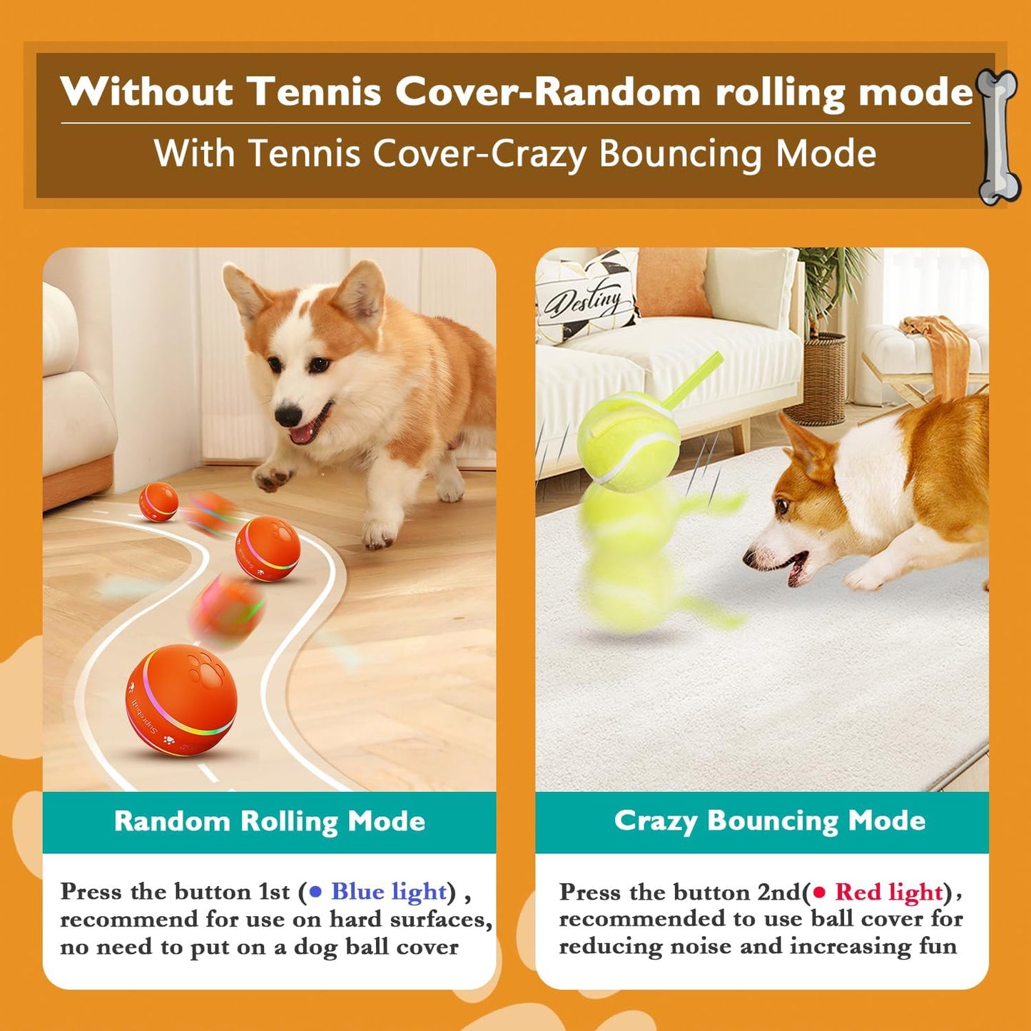 PetDroid Interactive Dog Toys Dog Ball,[2025 Newly Upgraded] Durable Motion Activated Automatic Rolling Ball Toys for/Small/Medium/Large Dogs,USB Rechargeable(Orange)