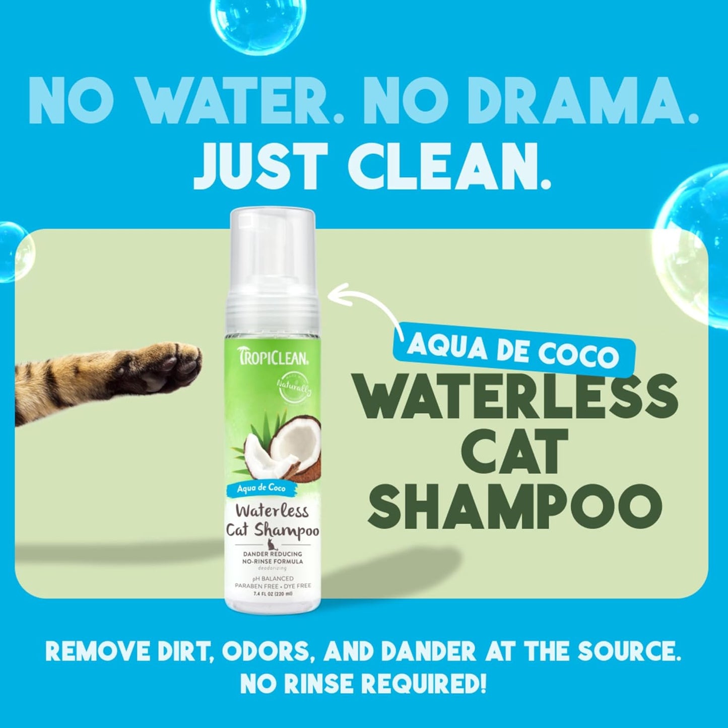 TropiClean No Rinse Waterless Cat Shampoo | Dandruff Treatment | Moisturizing Dry Shampoo for Dry Skin | USA Made | Aqua de Coco Scent | 7.4oz.