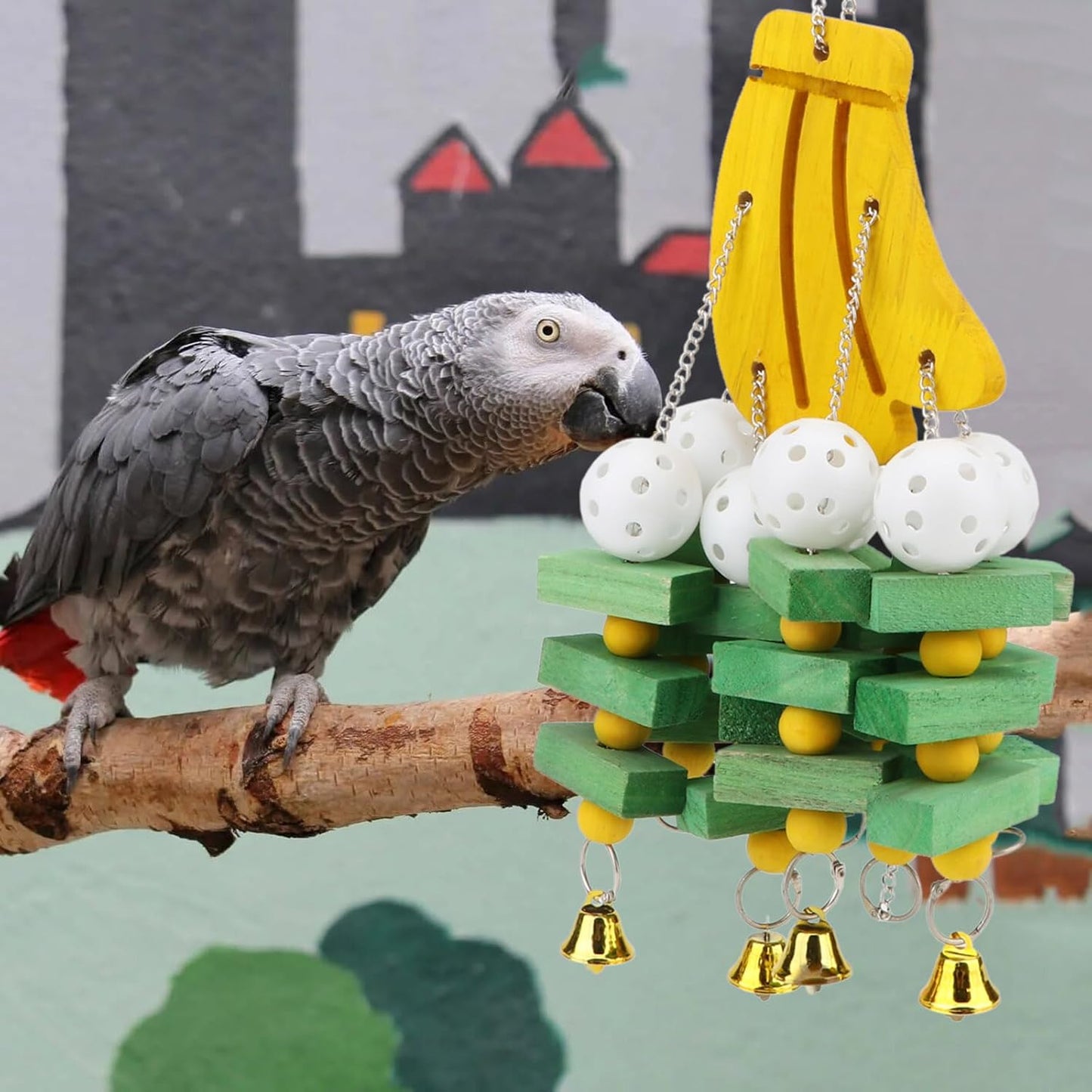 Hypeety Large Parrot Hanging Swing Toy Bells Chew Toy Colorful Hanging Wood Block Parrot Macaw African Greys Cockatiels Budgies Conure Banana Shape Natural Birds Cage Hanging Toy