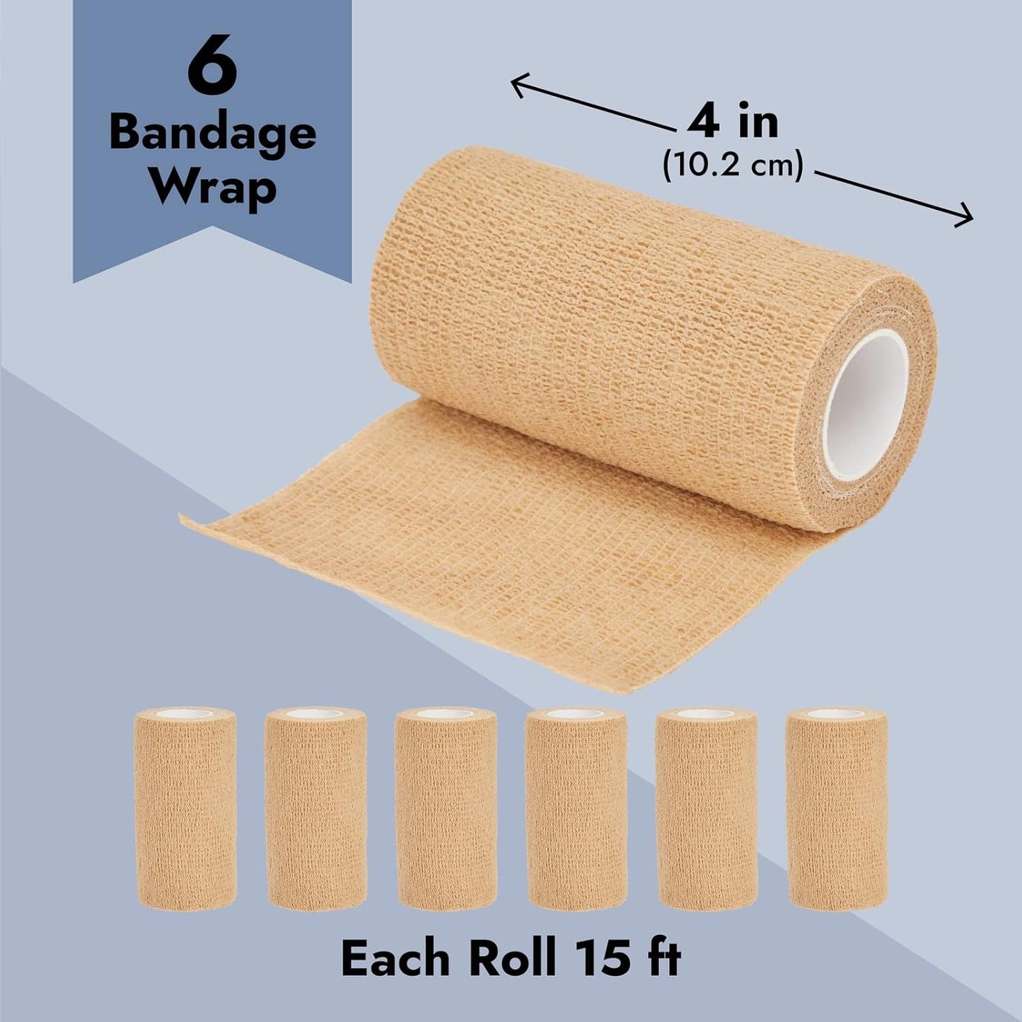 Juvale Elastic Bandage Wrap Self-Adherent Cohesive Tape 6 Rolls - Elastic Cohesive Tape with Stretchable Support - Breathable Vet Wrap for Wrist, Swelling, Sports, Tattoo (4 in x 5 Yds)