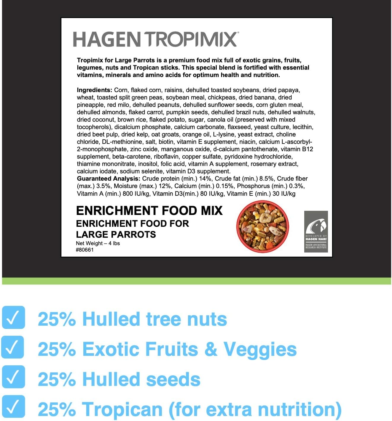 Tropimix Bird Food, Hagen Large Parrot Food with Seeds, Fruit, Nuts, Vegetables, Grains, and Legumes, Enrichment Food, 4 lb Bag (Pack of 2)