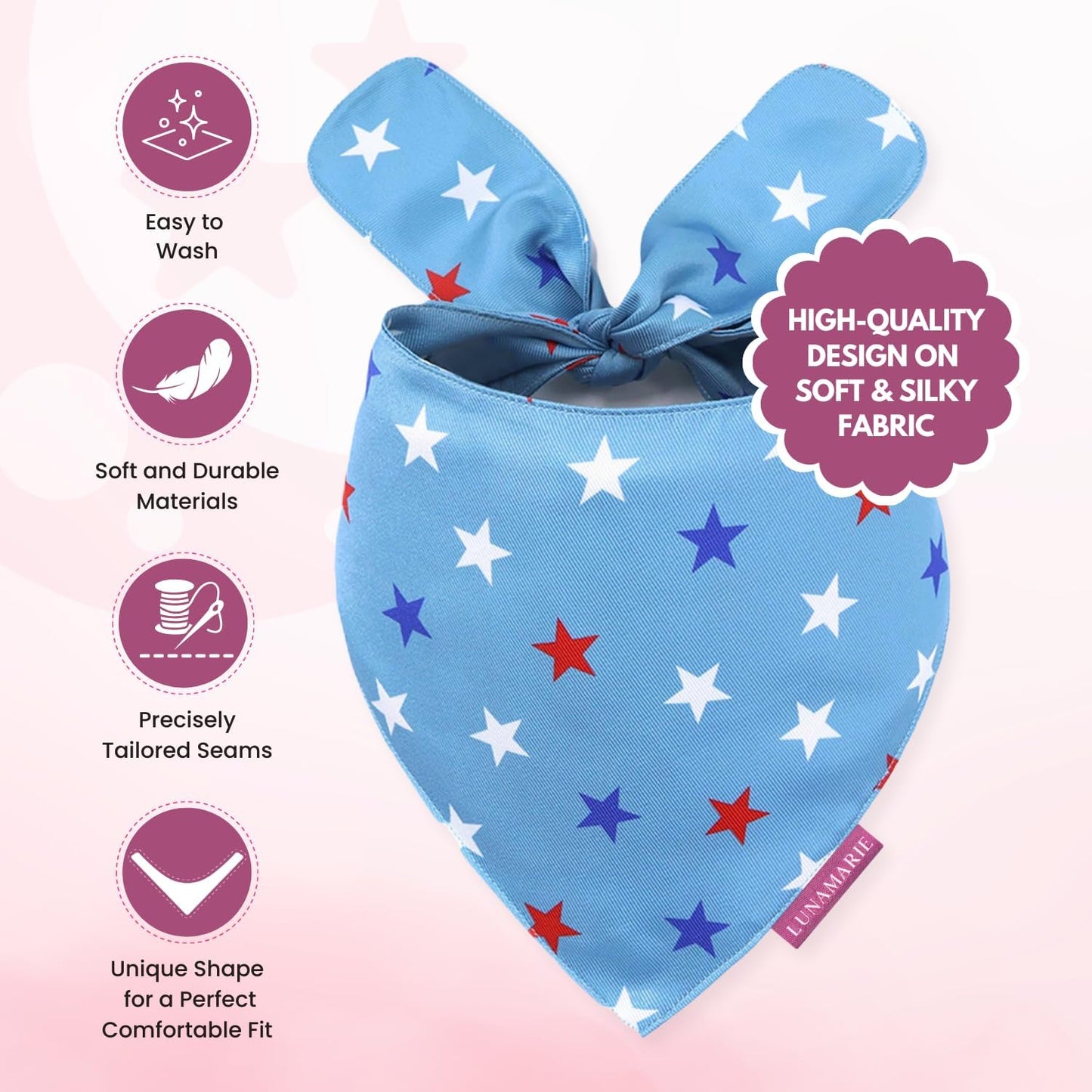 LunaMarie - Luxury Pet Birthday Bandanas -Premium & Silky Poly Fabric | 100% Handmade | Custom Shape Dual Layered (Liberty, Medium)