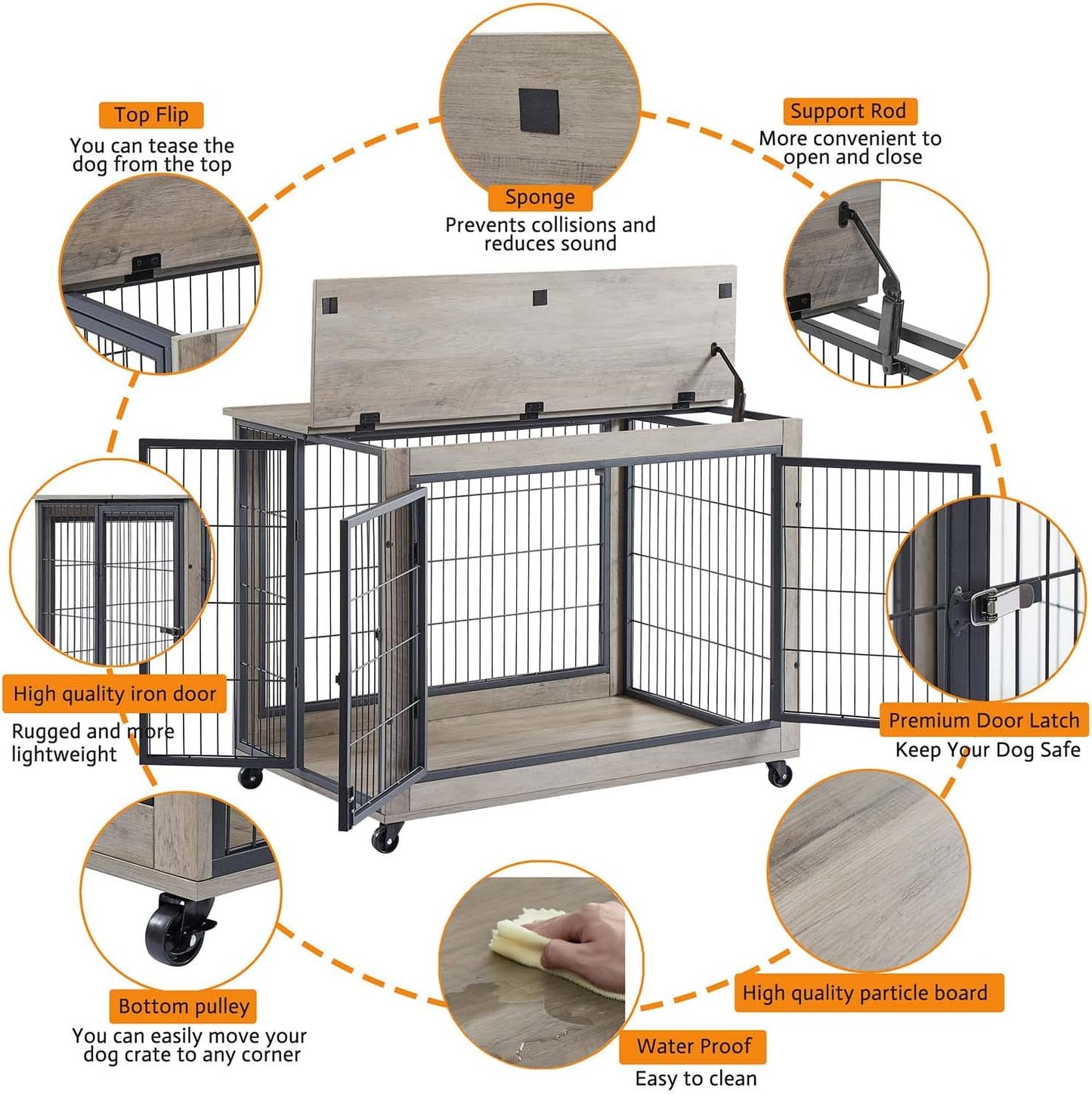 IchbinGo Wooden Dog Crate Furniture, 38.5" Dog Kennel with 3 Doors, Flip-up Top Opening and Wheels, Decorative Pet Crate Dog House for Large/Medium/Small Dog Indoor Use (Rustic Grey)