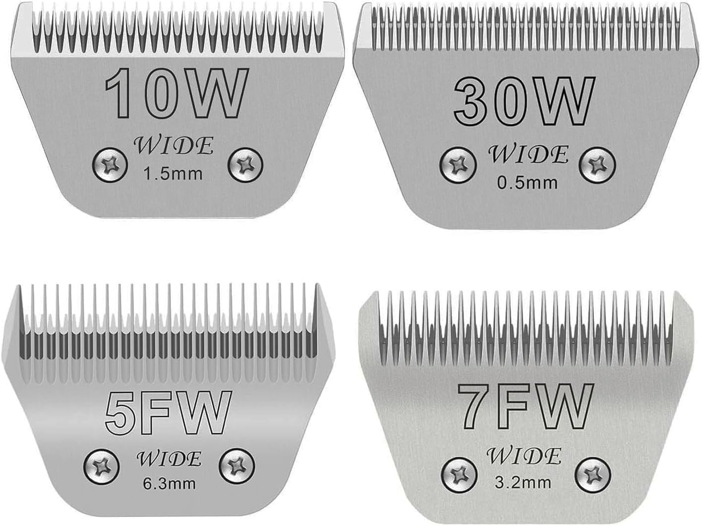 4PCS Wide Blades for Dog Grooming Blades Compatible with Andis,Oster A5,Wahl km10 Dog Clippers Stainless Steel Blades for Animal Dog,Cat,Horse,Silver,Size #10W+30W+5FW+7FW