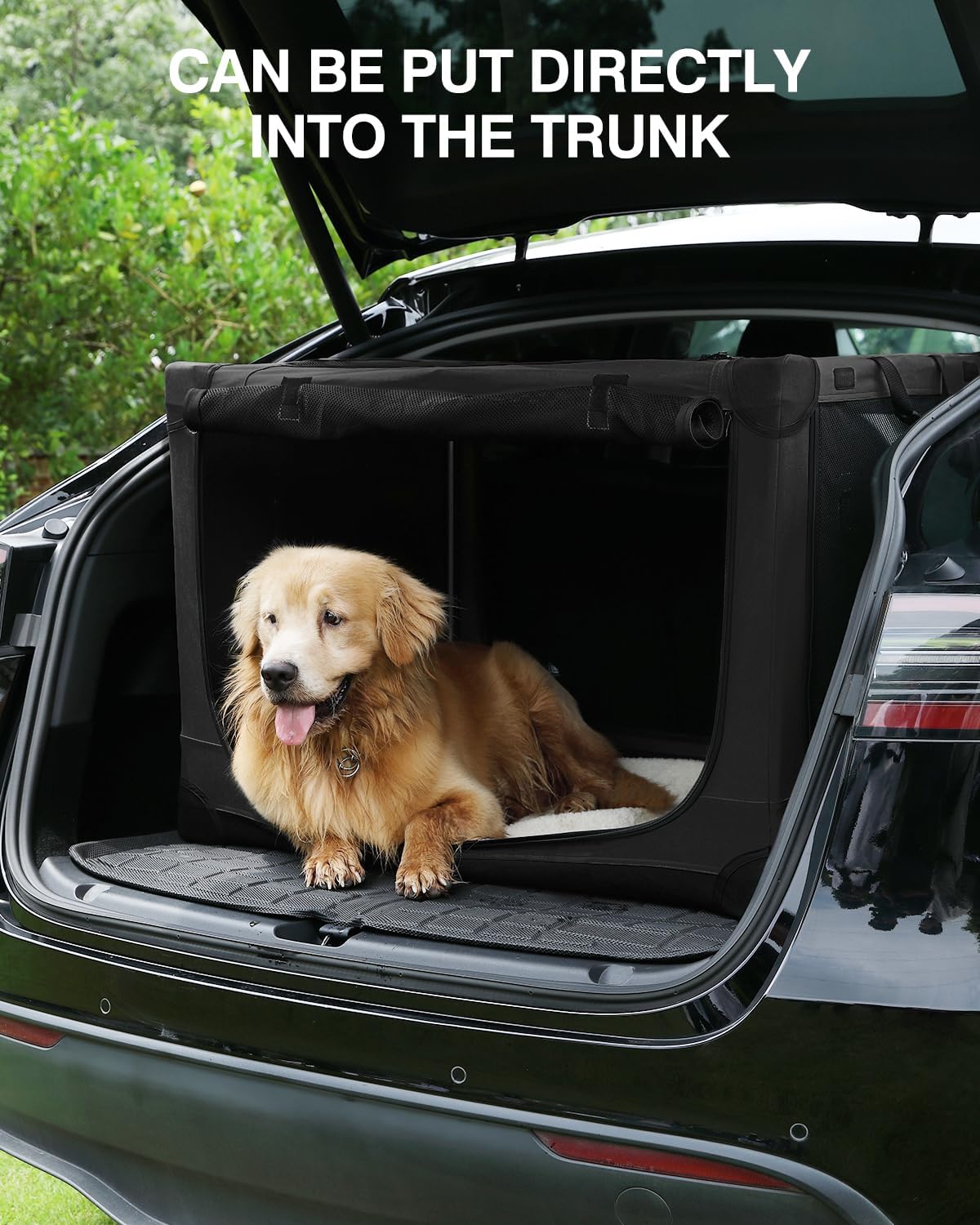 42-Inch Collapsible Travel Dog Crate, Portable 4-Door Soft Kennel for Medium to Large Dogs, Durable Mesh Windows, Indoor/Outdoor Use, Foldable, with Storage Bag (Black)