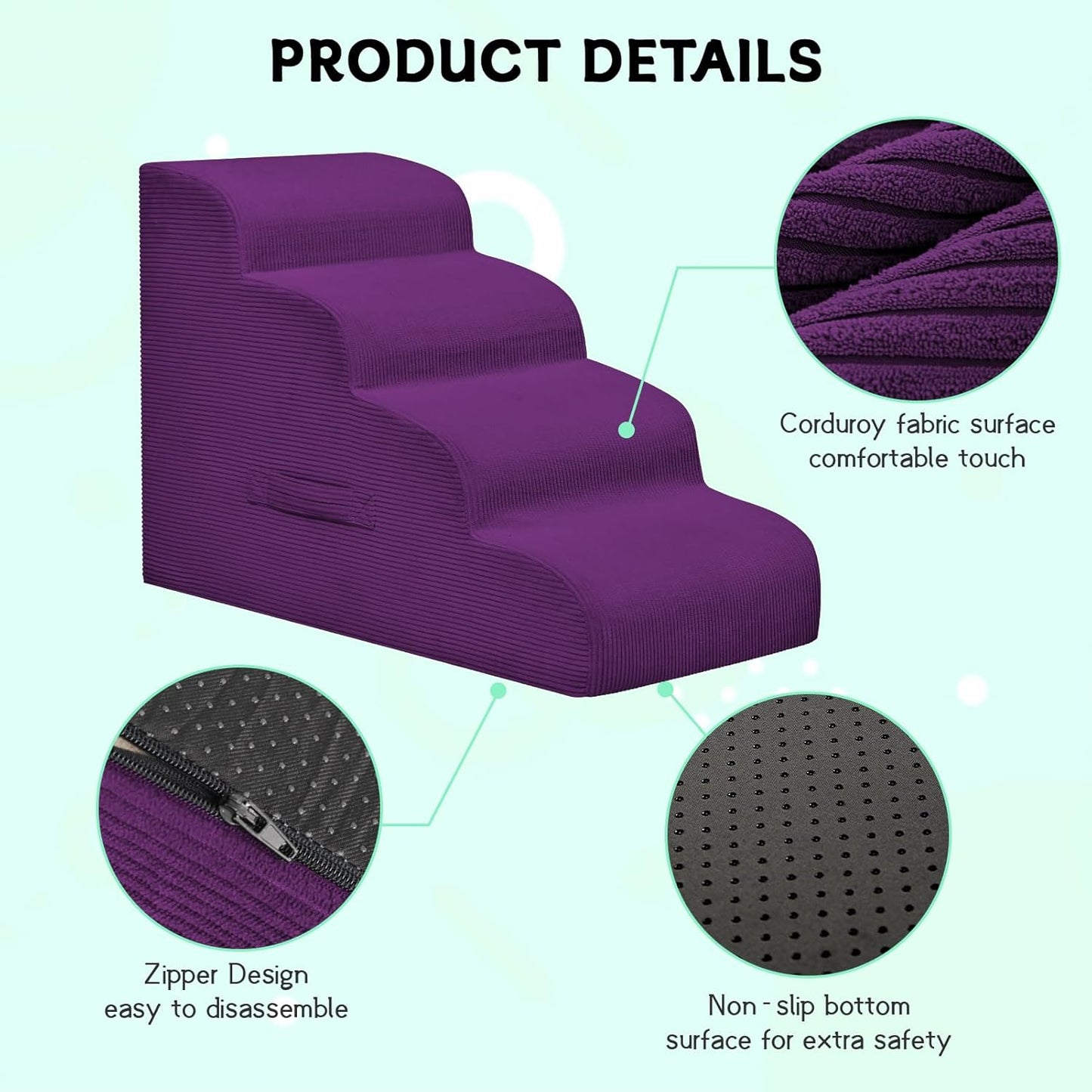 Dog Steps for Small Dogs, 4-Step Dog Ramp and Stairs for High Beds and Sofa, Non-Slip Pet Stairs Removable and Easy to Clean Cover, Purple