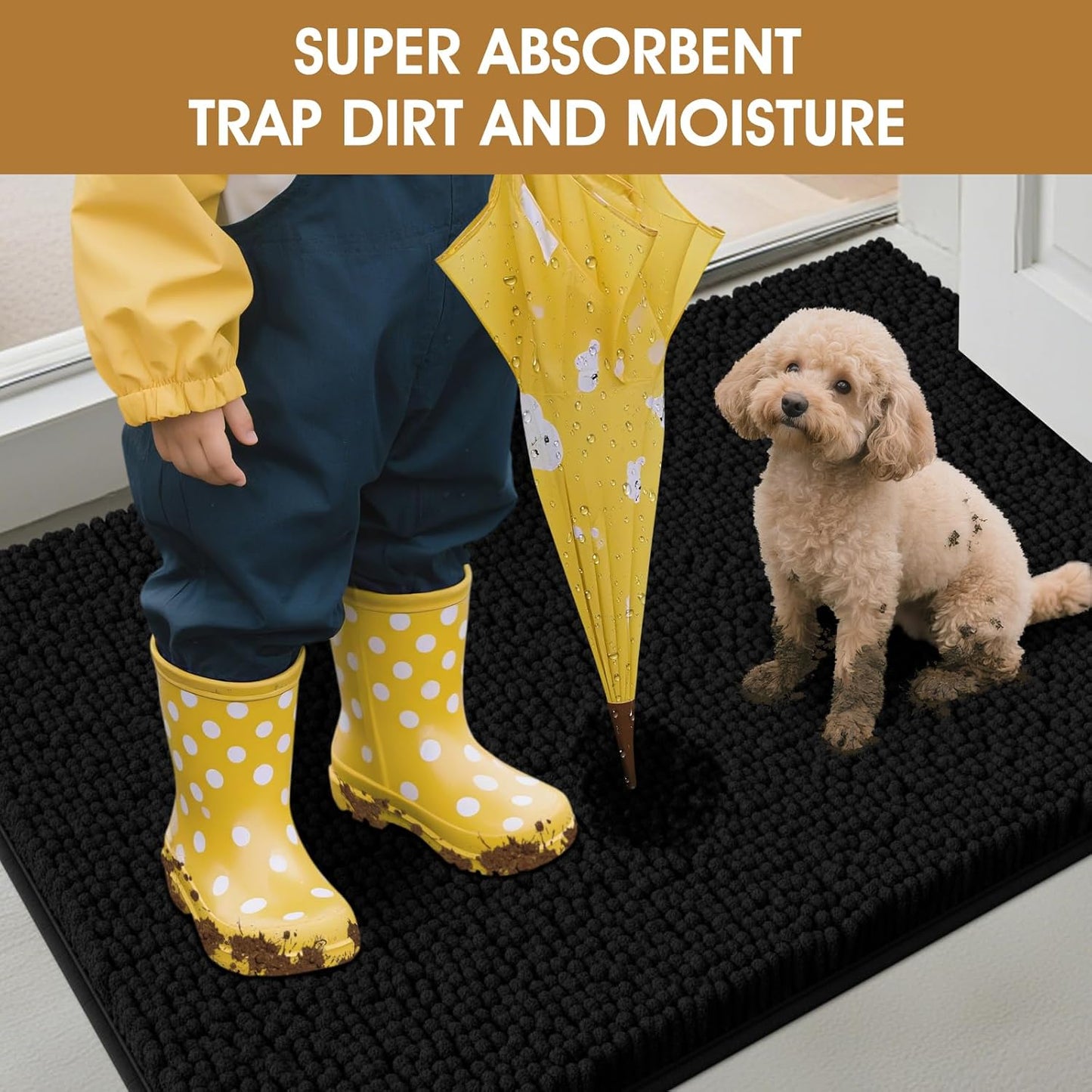 IM HOME Dog Door Mats for Muddy Paws, Chenille Absorbent Door Mats, Non Slip Heavy Mud Mat for Dogs, Soft Indoor Door Mat for Entryway, Mud Paws, Inside Floor,30" X 20", Black